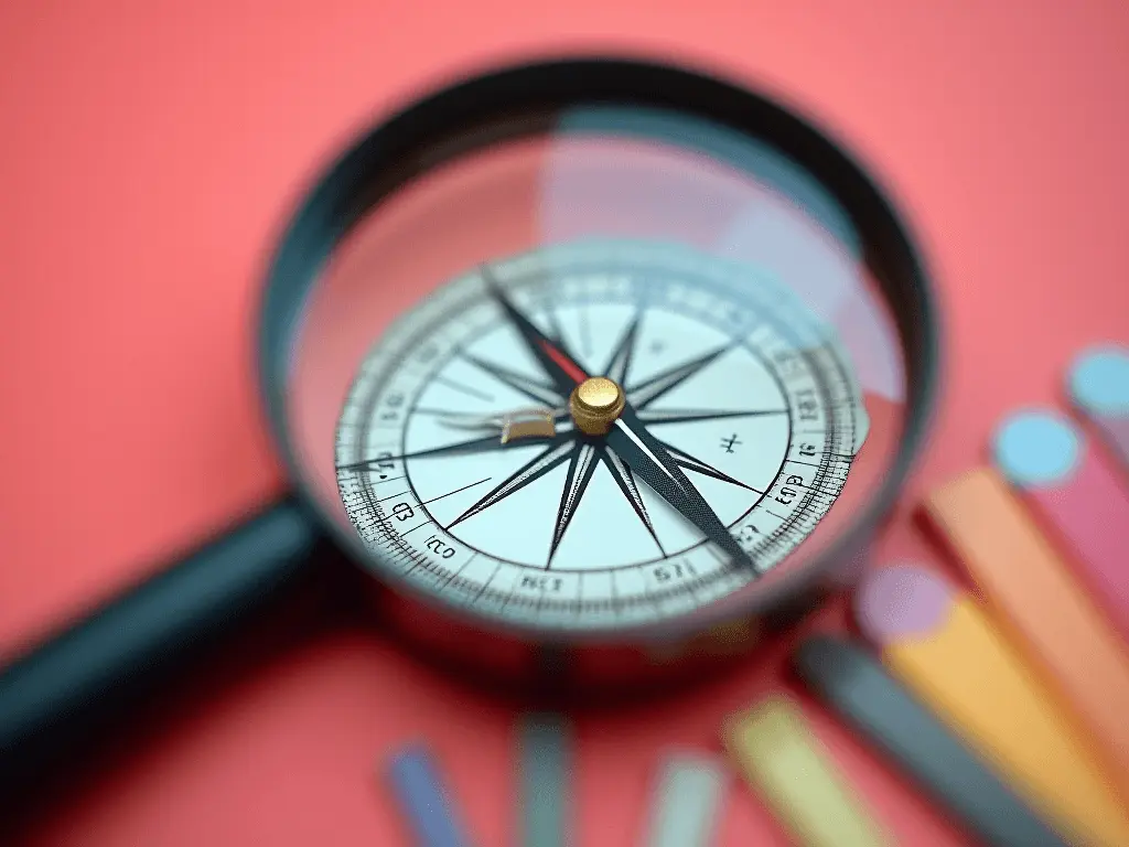 A magnifying glass and compass symbolizing focus and feedback in practice