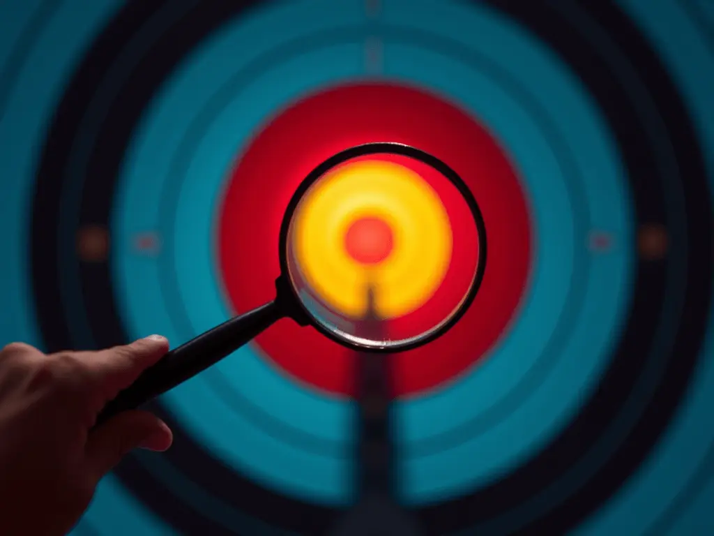 Close-up of a magnifying glass intensifying the light on a small target, symbolizing focused practice