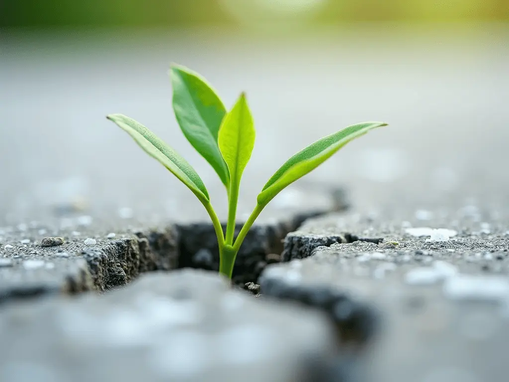 A seedling breaking through a crack in concrete