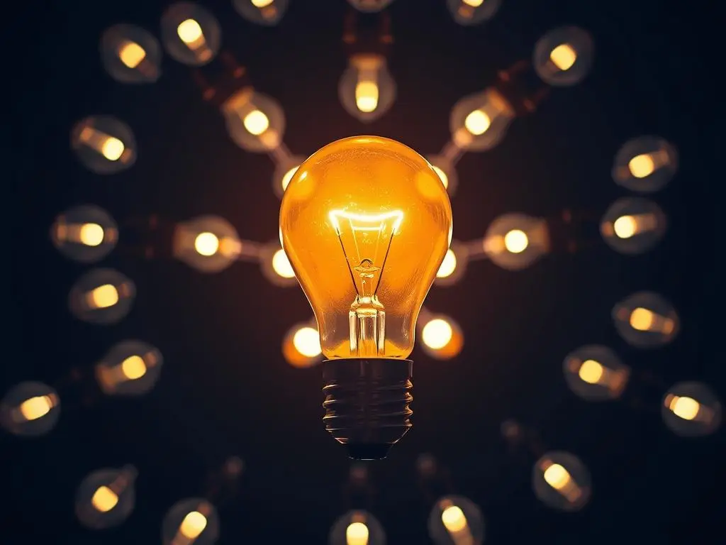 A close-up of a glowing lightbulb surrounded by smaller lightbulbs, symbolizing connection and shared gratitude