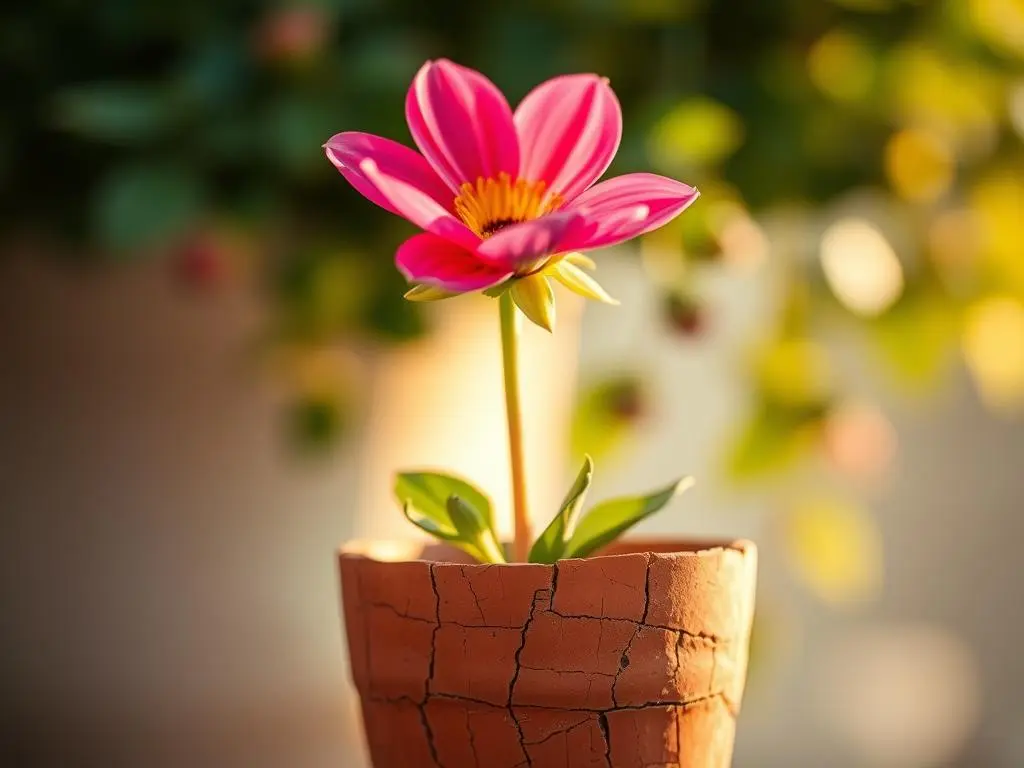 A close-up of a blooming flower in a cracked pot, symbolizing resilience and finding beauty in imperfections