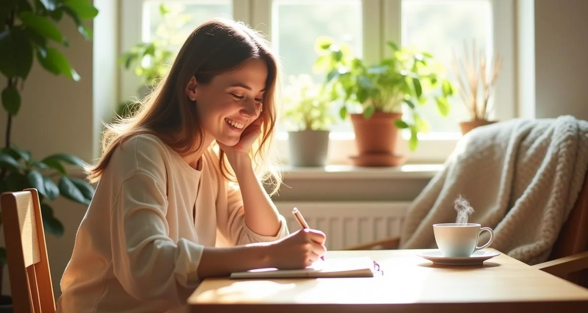 A woman journaling in a cozy, sunlit room with a gratitude journal and a cup of coffee, surrounded by plants and warm lighting