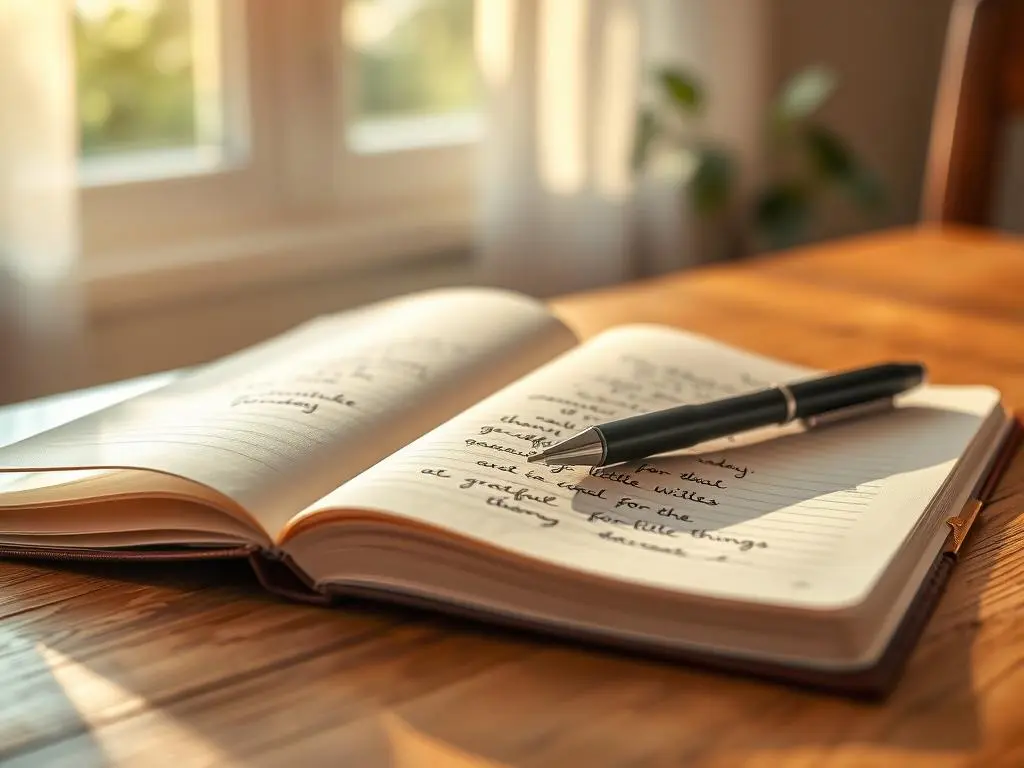 A close-up of a gratitude journal with a pen resting on an open page, surrounded by soft morning light and a warm, inviting atmosphere