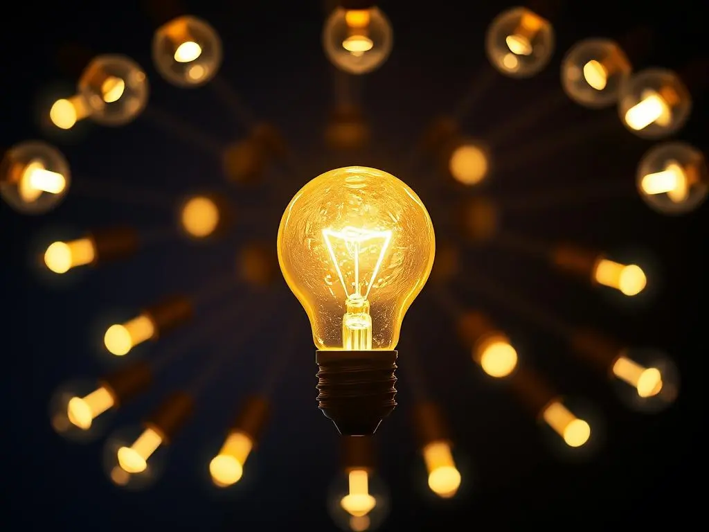 A close-up of a glowing lightbulb surrounded by smaller lightbulbs, symbolizing connection and shared gratitude