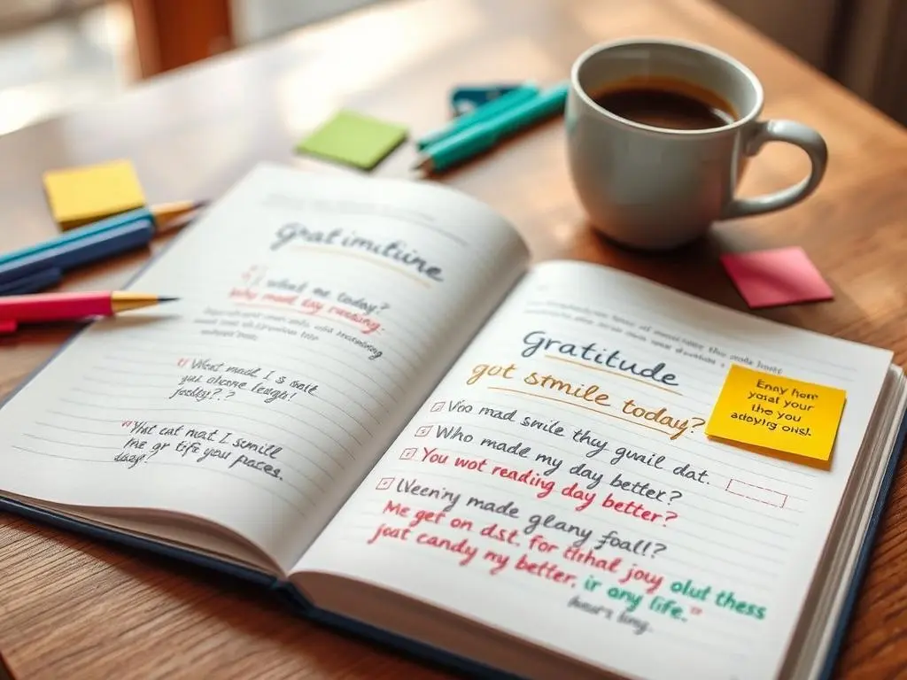 A close-up of a gratitude journal with creative prompts, surrounded by colorful pens and sticky notes, symbolizing personalized journaling methods