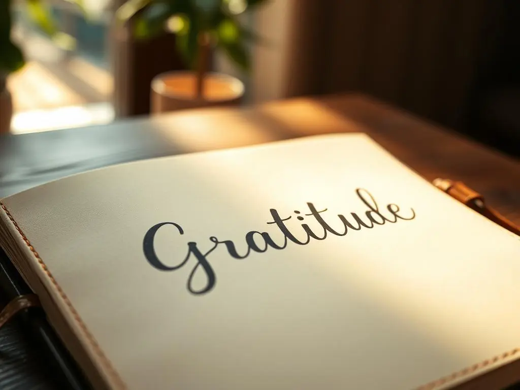 A close-up of a journal with the word 'Gratitude' written in bold, surrounded by soft light and a warm, inviting atmosphere