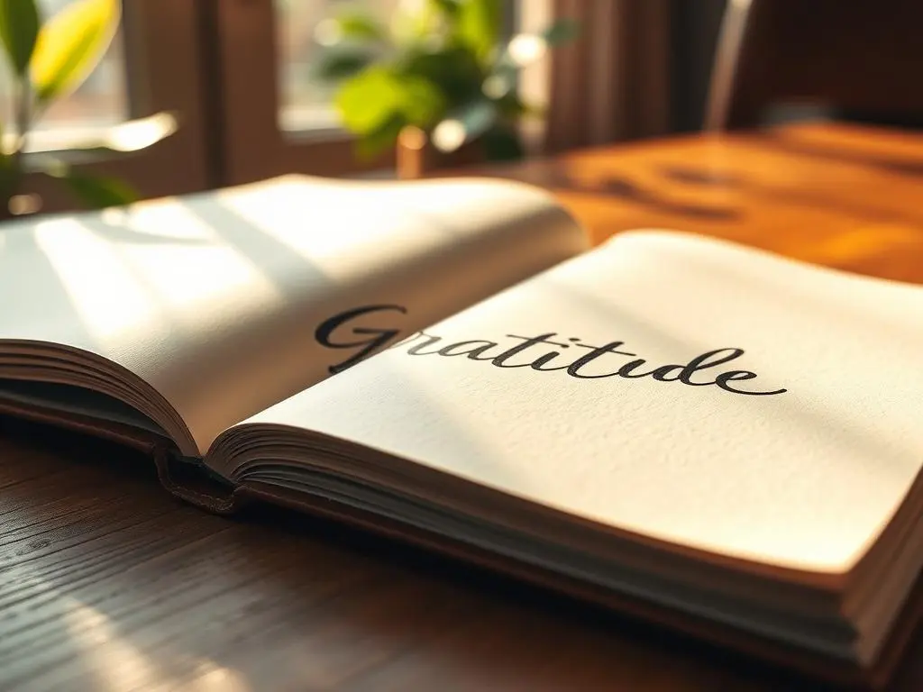 A close-up of a journal with the word 'Gratitude' written in bold, surrounded by soft light and a warm, inviting atmosphere