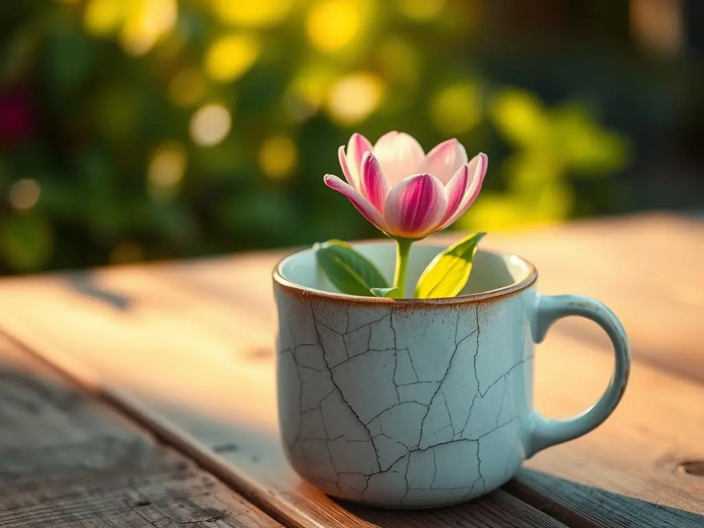 A close-up of a cracked ceramic mug with a blooming flower inside, symbolizing resilience and finding beauty in imperfections