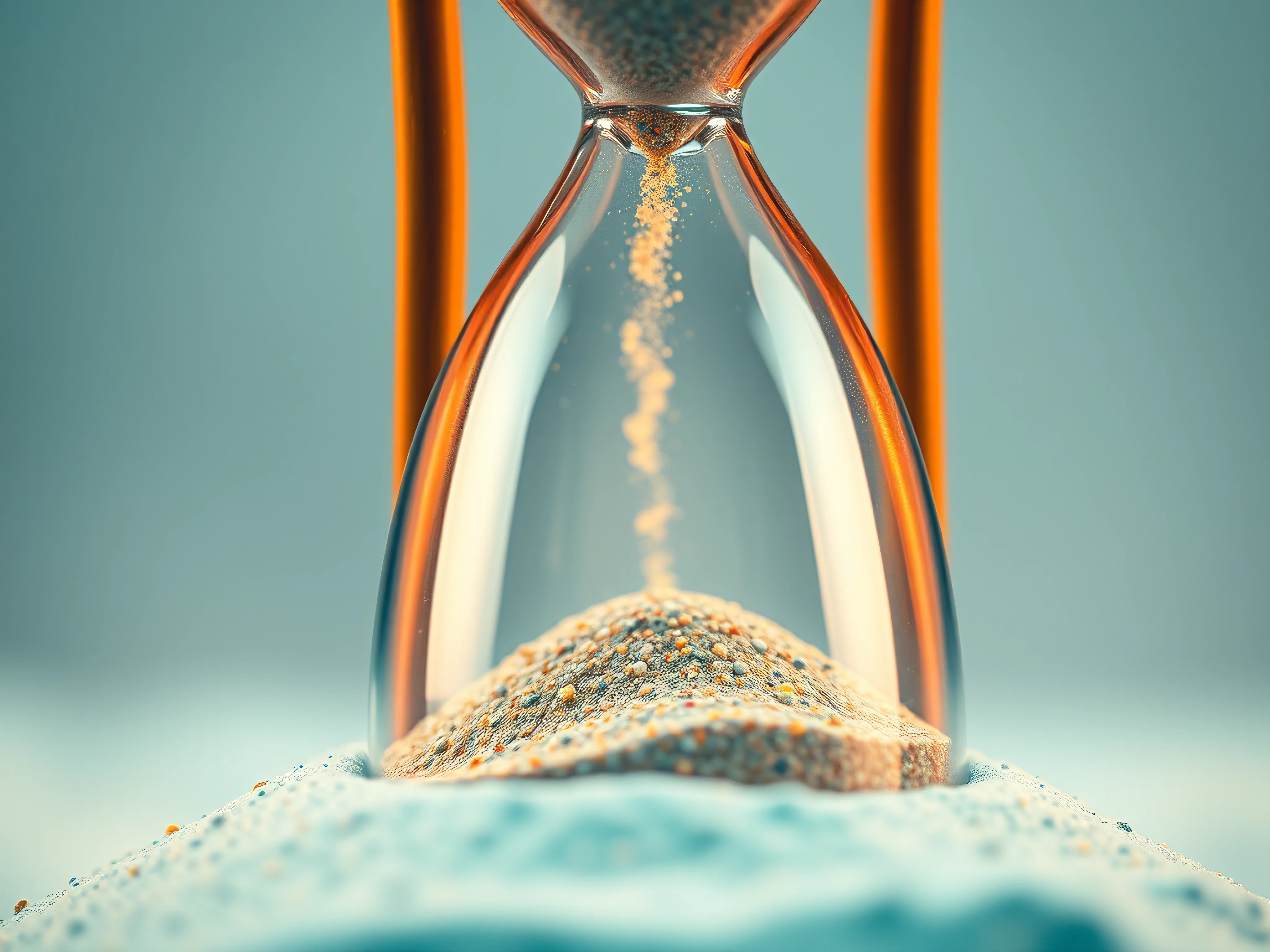 Vibrant hourglass with flowing sand. Time management concept. Teal and gold.
