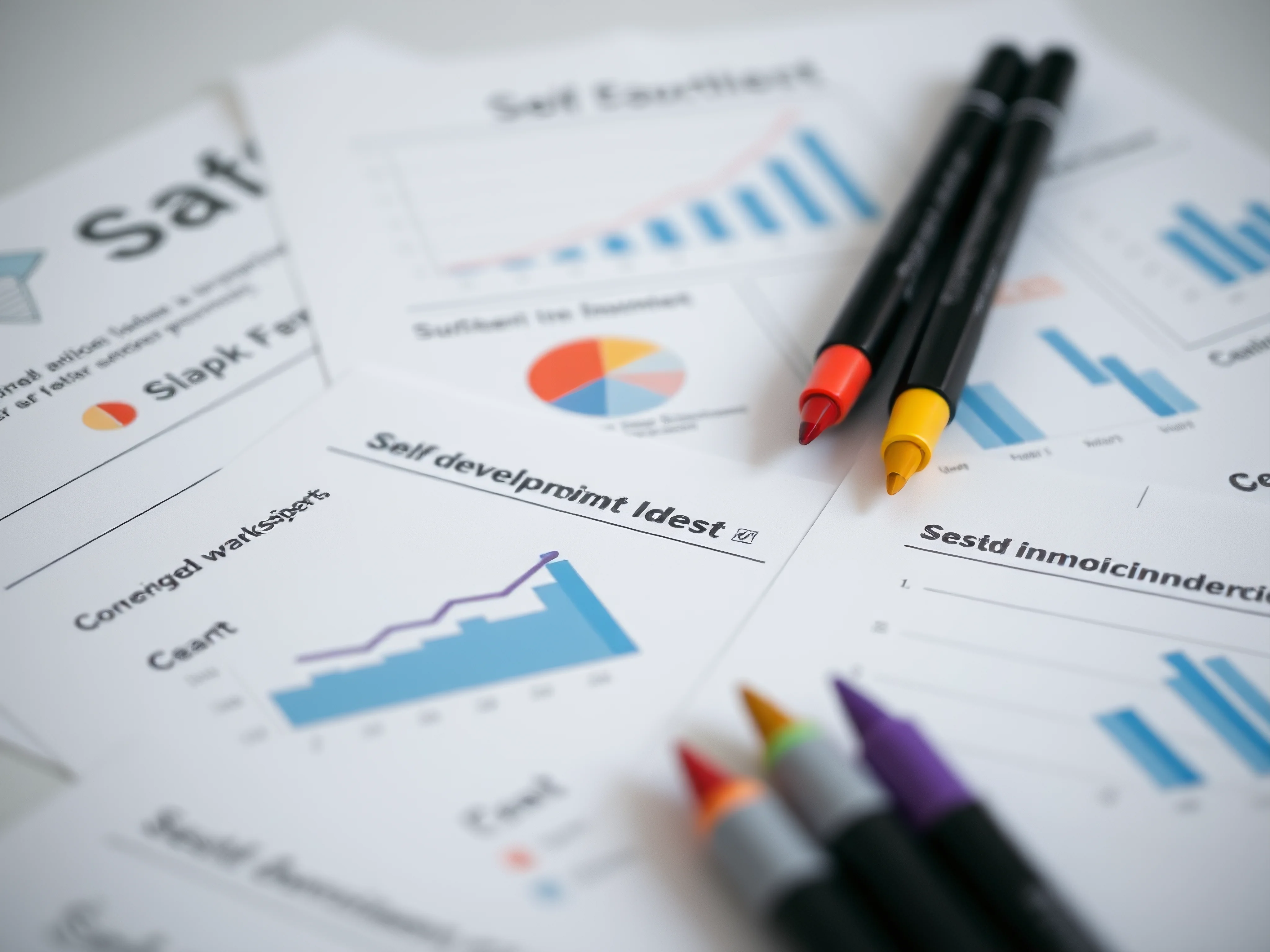 Self-development worksheets with markers, productivity toolkit, pastel colors.
