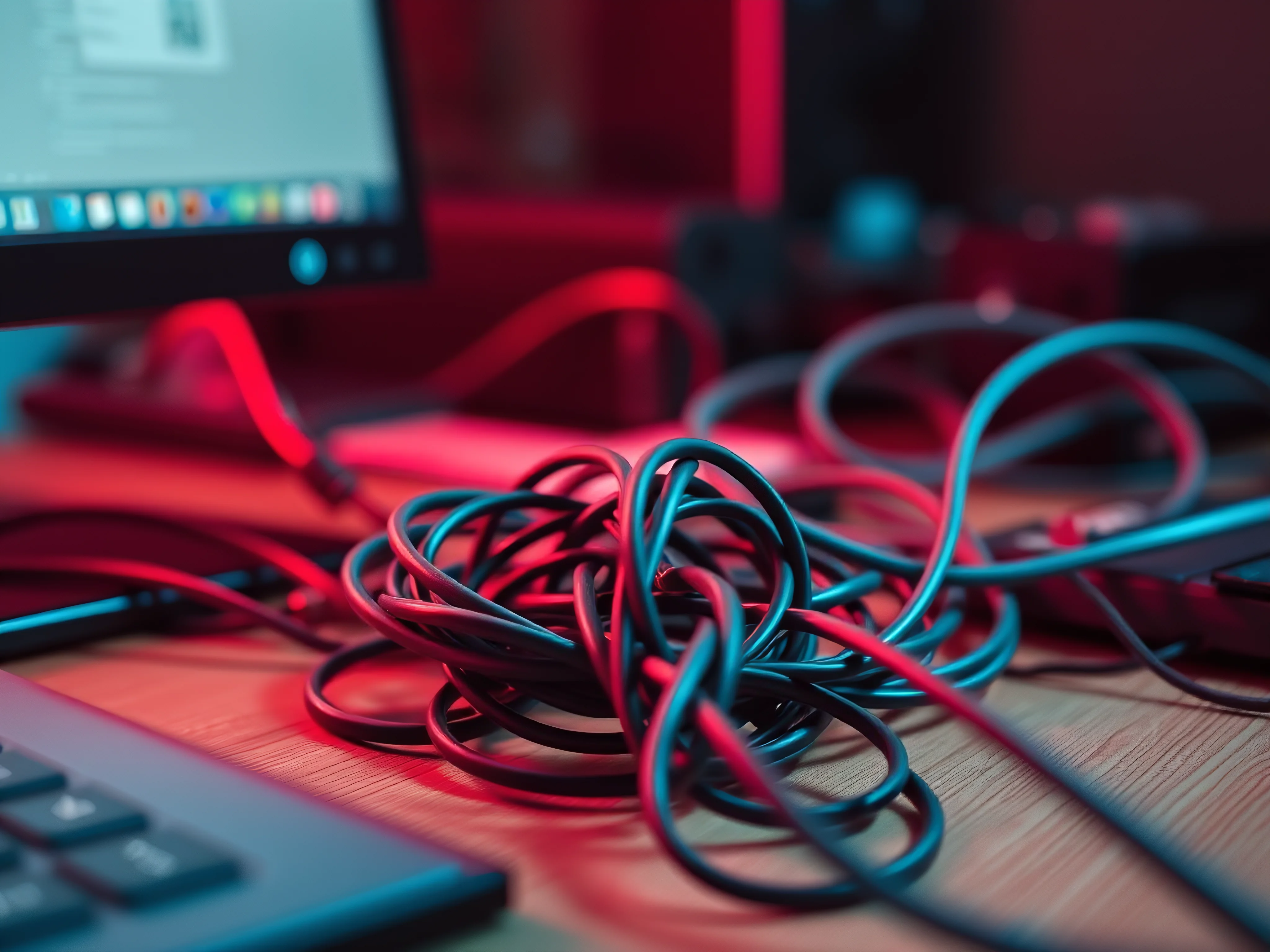 Tangled cables on messy desk. Productivity roadblock concept.
