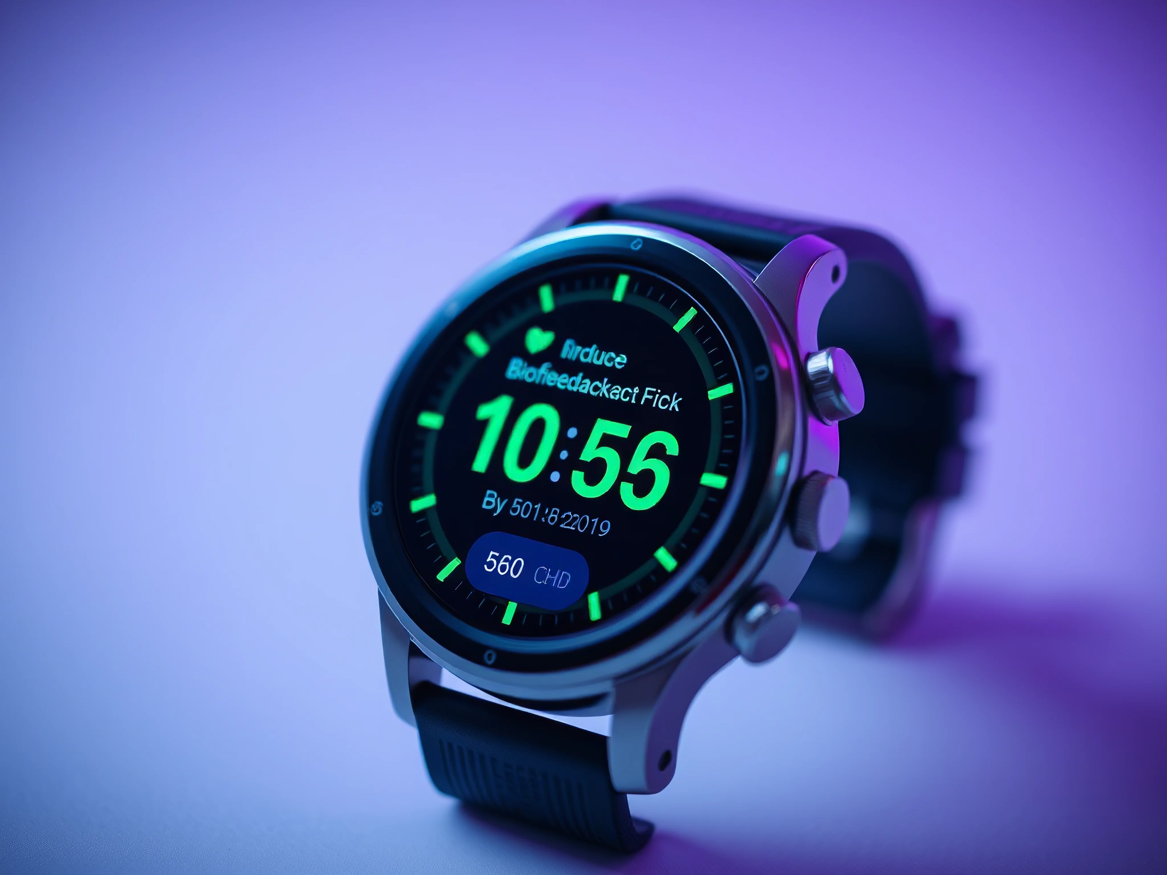 Smartwatch displaying biofeedback data. Green-purple sensor focus.
