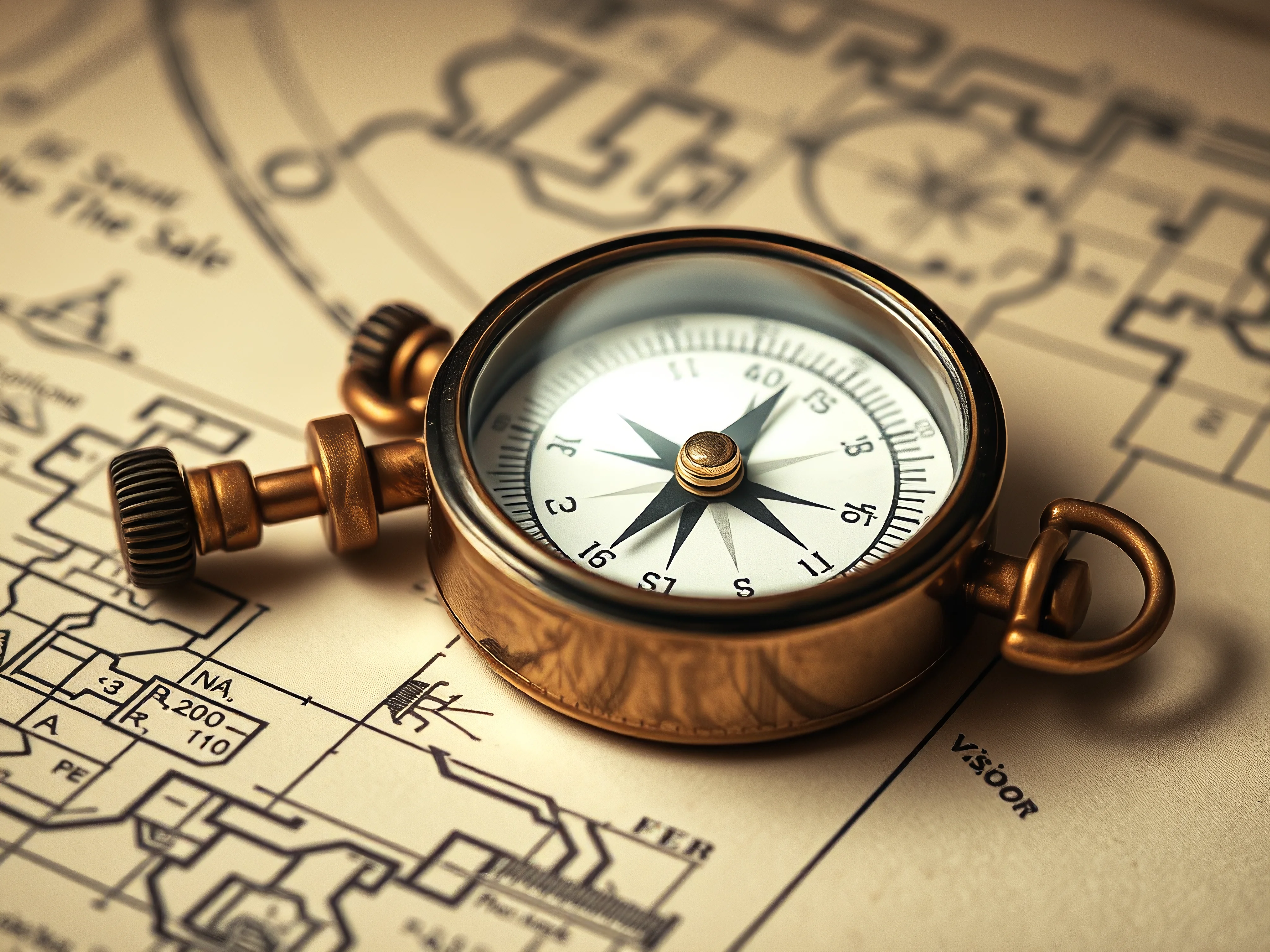 Vintage compass on faded blueprints, sepia toned.
