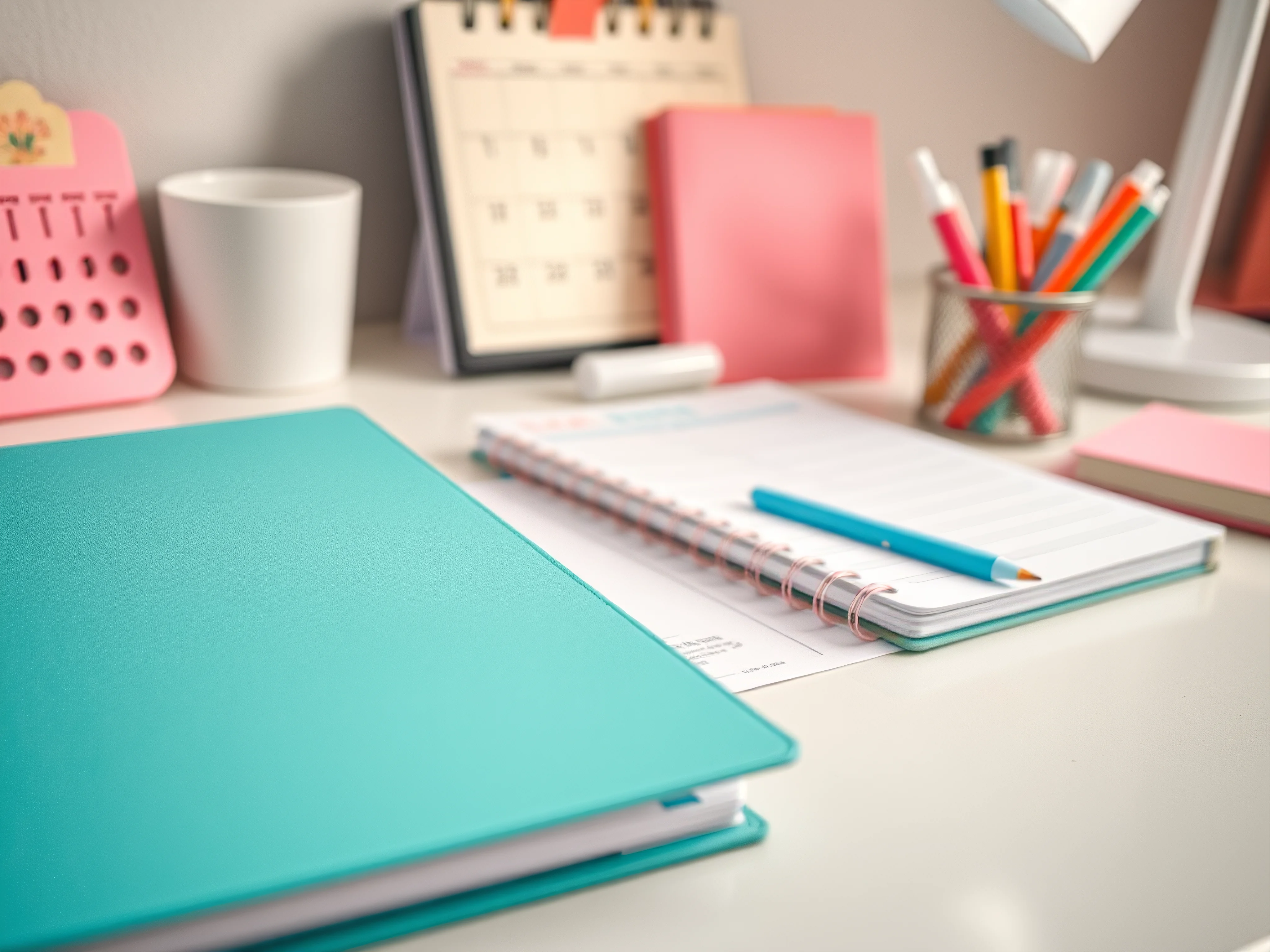 Organized desk: planner, notebooks, calendar, pen holder. Pastel colors, bright light.
