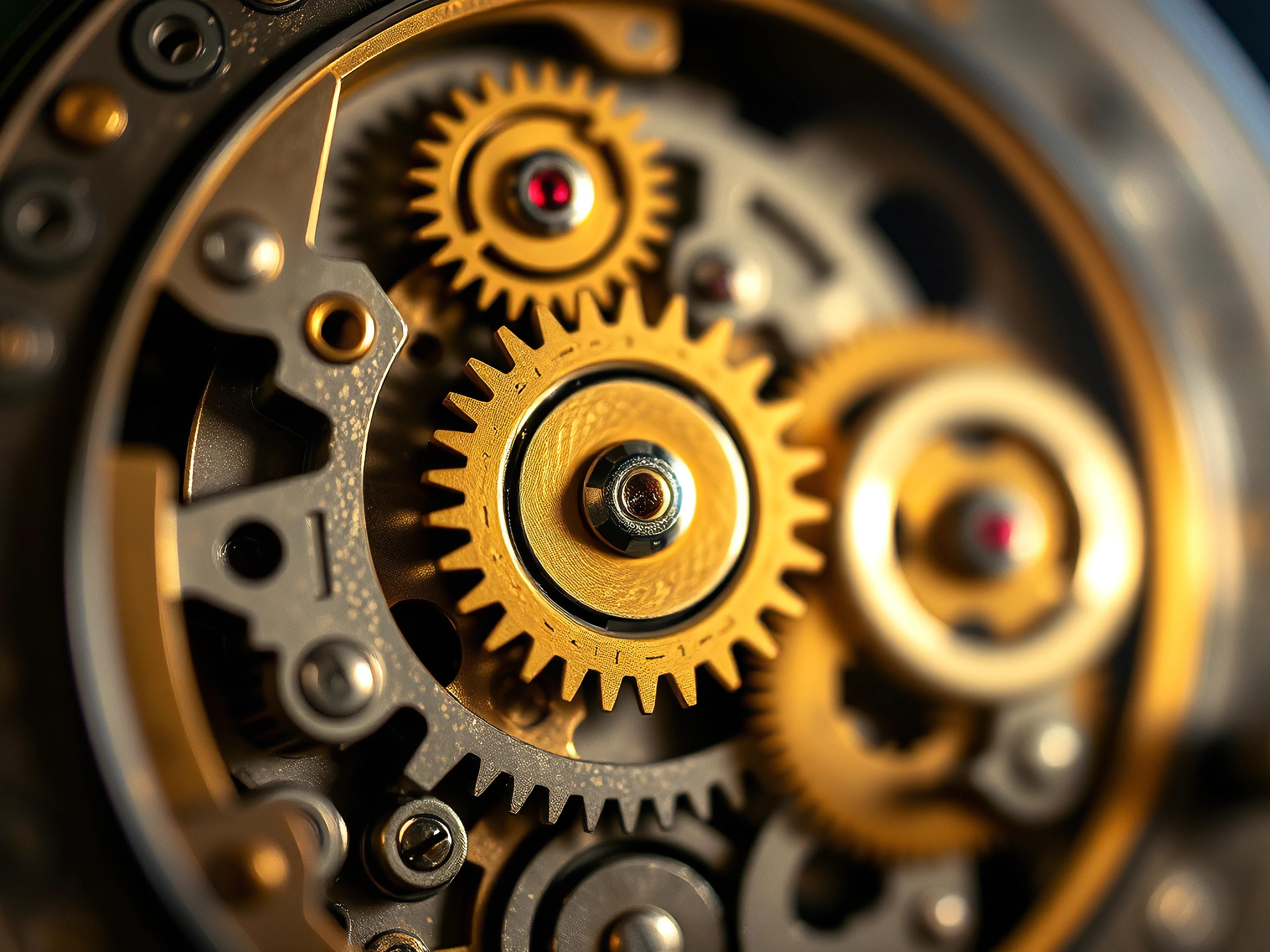 Dissected clockwork gears, brass and steel, dramatic lighting.
