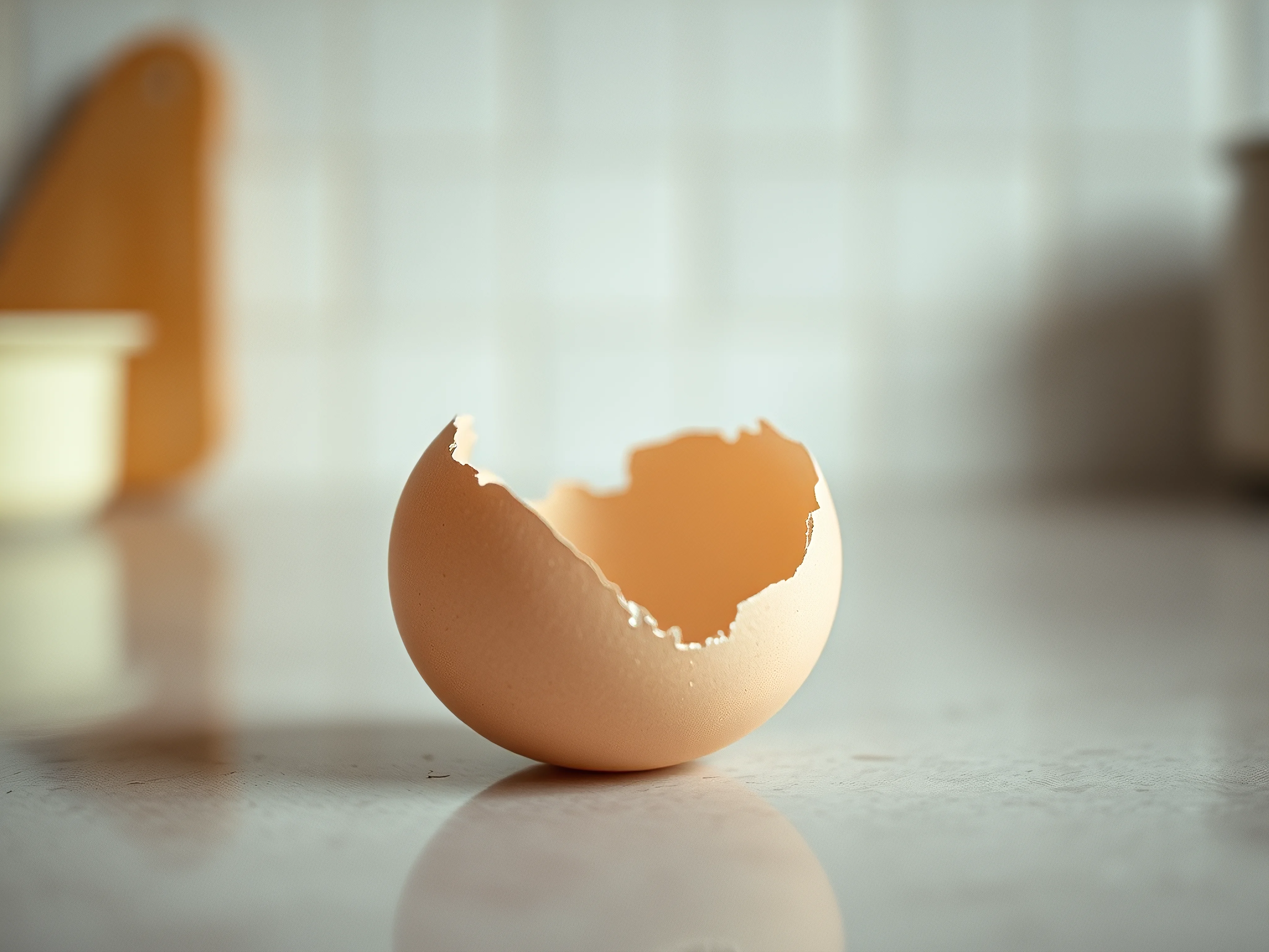 Cracked eggshell on a counter. Represents unexpected challenges. Soft, desaturated colors.
