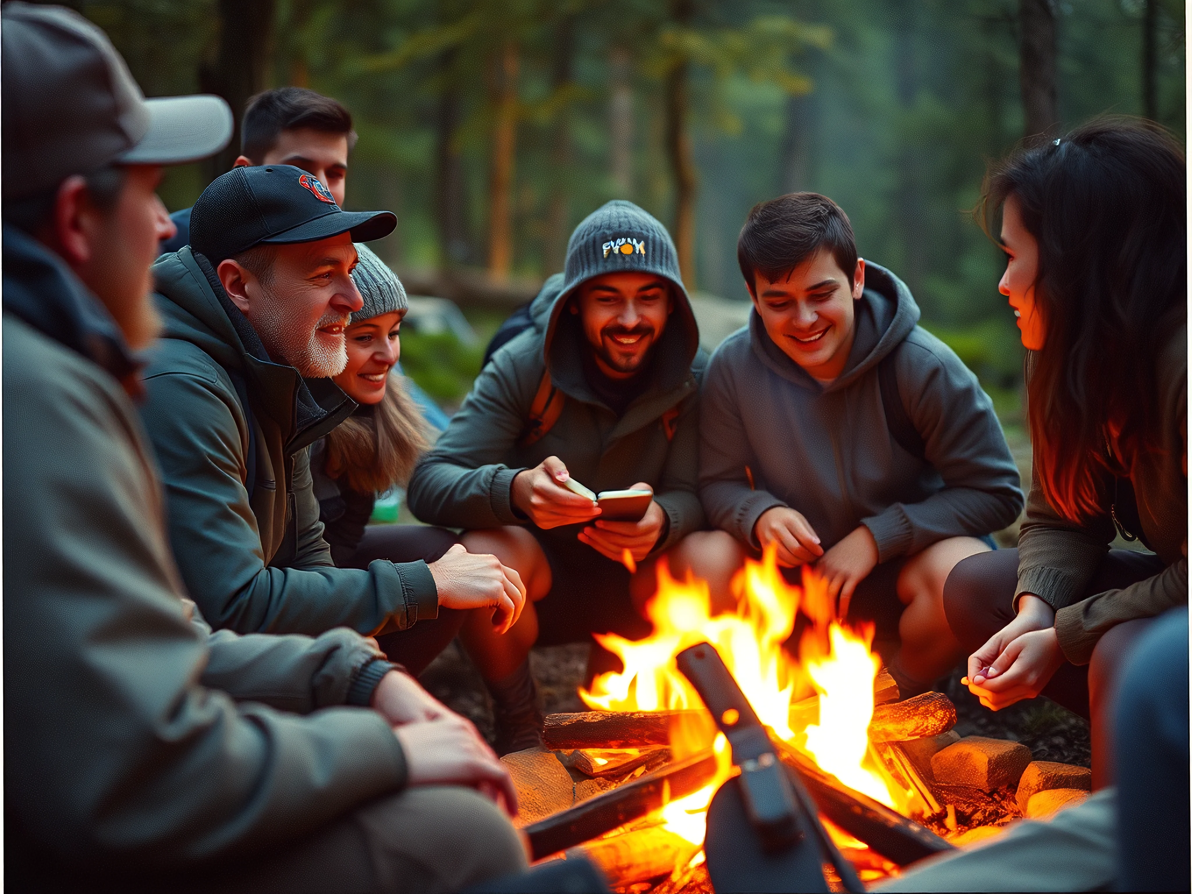 Hikers around campfire. Warm light, faces in focus. Earthy tones.
