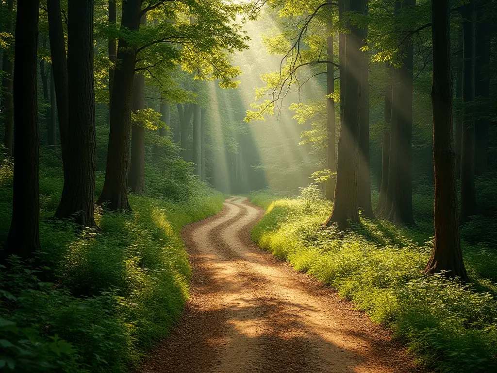 A winding path through a serene forest with sunlight breaking through the trees.