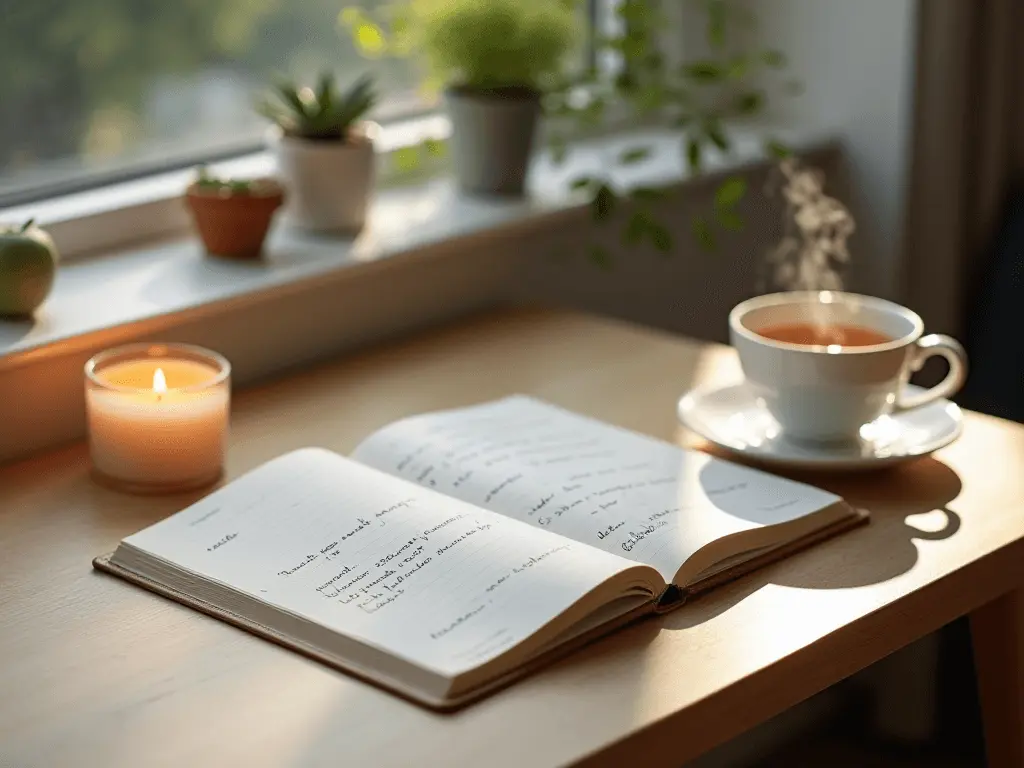 A serene desk setup with a glowing candle, an open journal, and a steaming cup of tea.