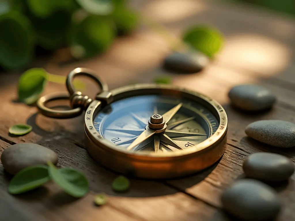 A glowing compass resting on a wooden table surrounded by scattered, calming natural elements like leaves and pebbles.