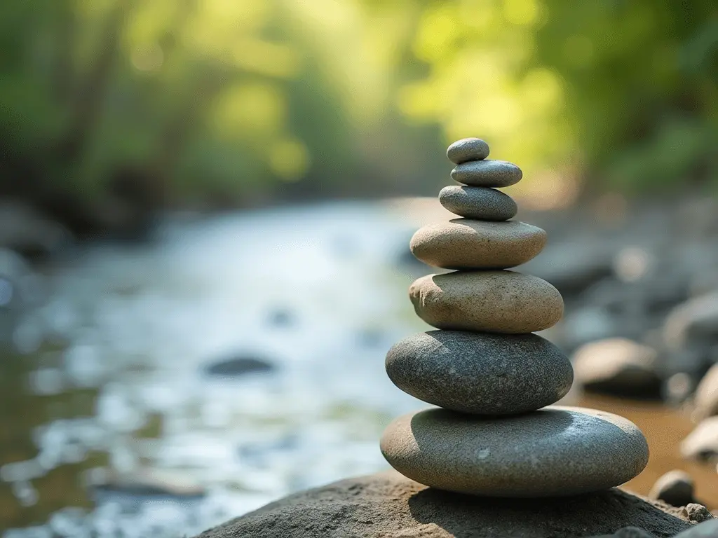 A stack of smooth stones balanced on top of each other beside a flowing stream.