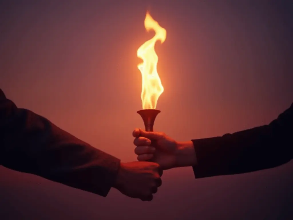 A hand passing a lit torch to another hand against a soft twilight background