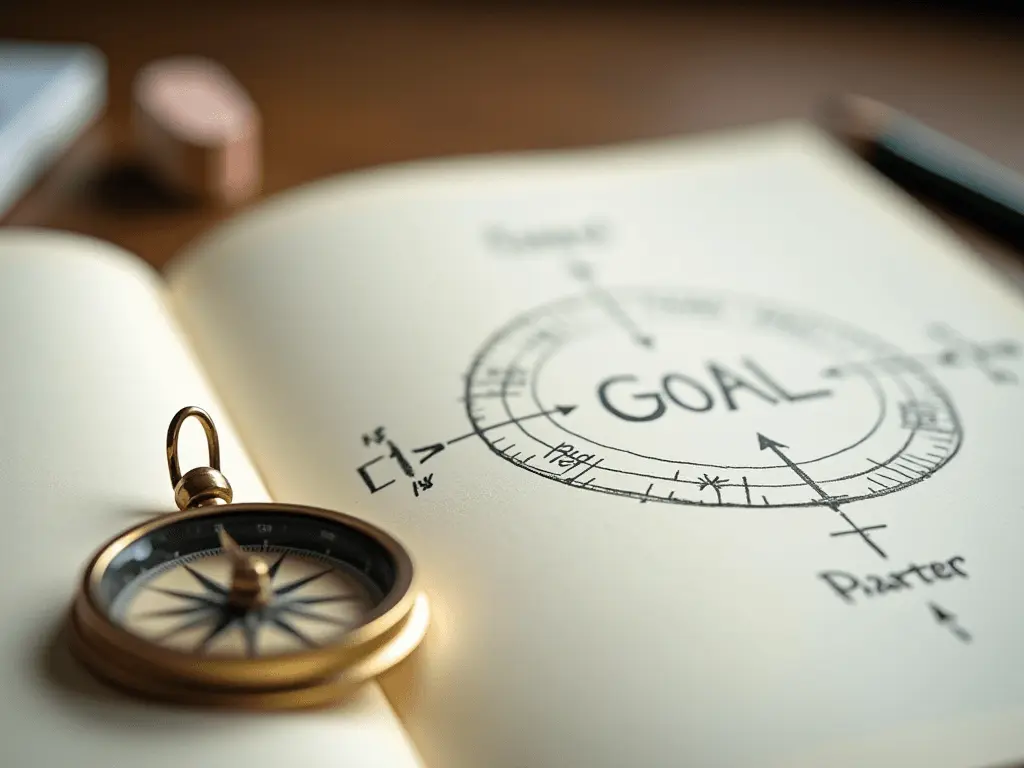 A compass resting on an open notebook with directional lines leading to a marked goal