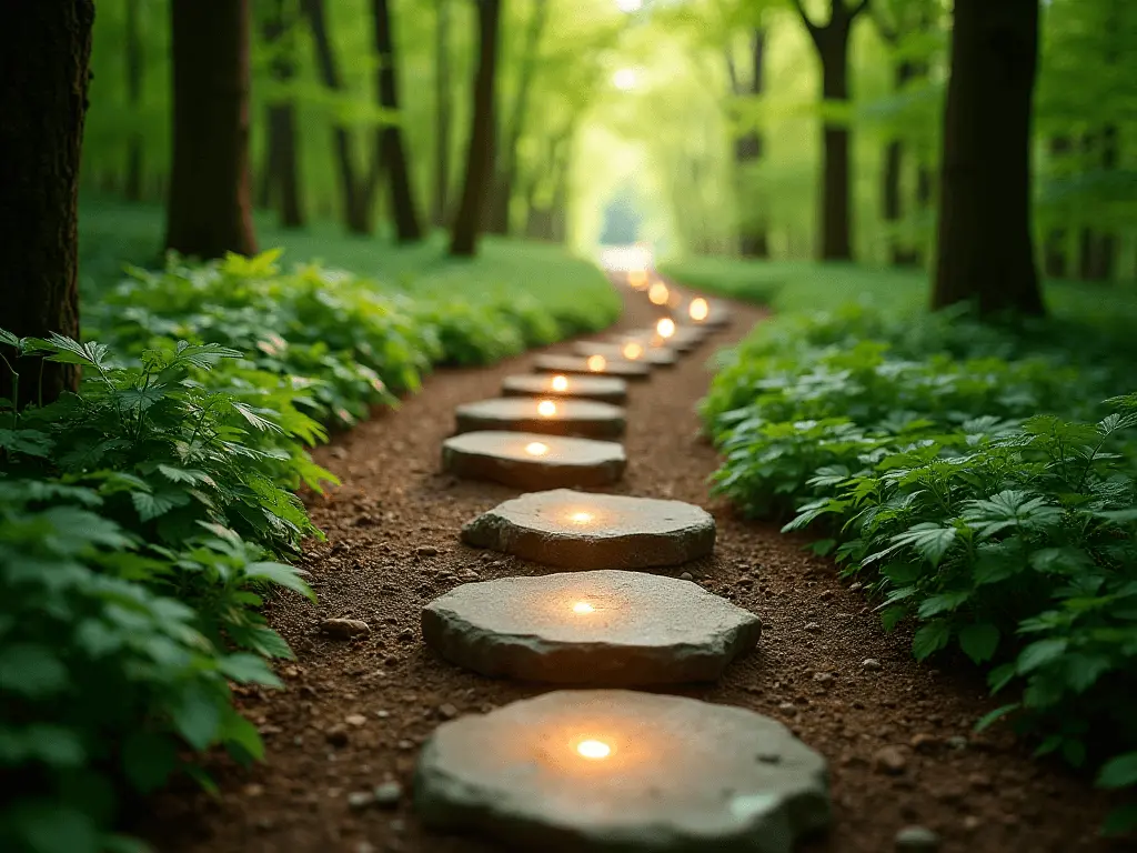 A path winding through a forest with stepping stones marking progress