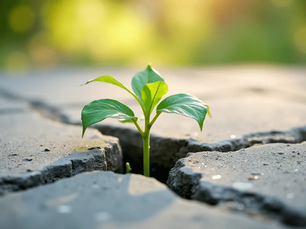 A small plant growing through a crack in concrete with sunlight shining on it