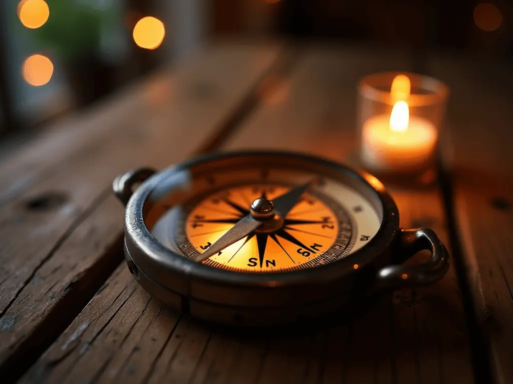 A glowing compass on a wooden table, symbolizing direction and purpose.