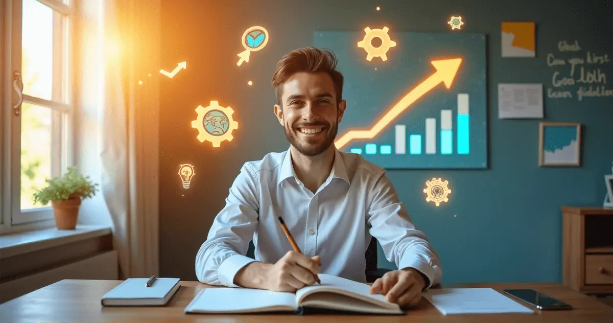 A person sitting at a desk with a notebook, exuding determination, surrounded by glowing symbols of progress such as goal charts, arrows, and gears.