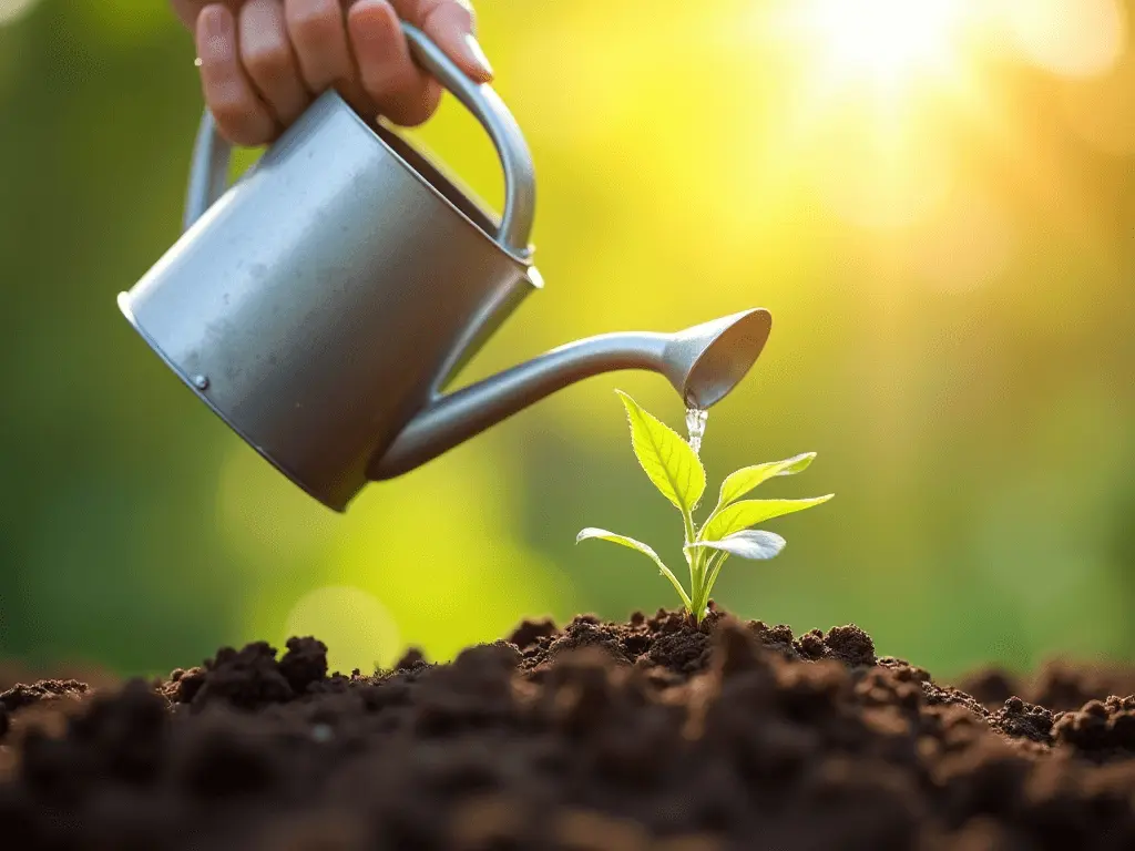 A watering can pouring water onto a growing plant, symbolizing sustainable growth through practice.