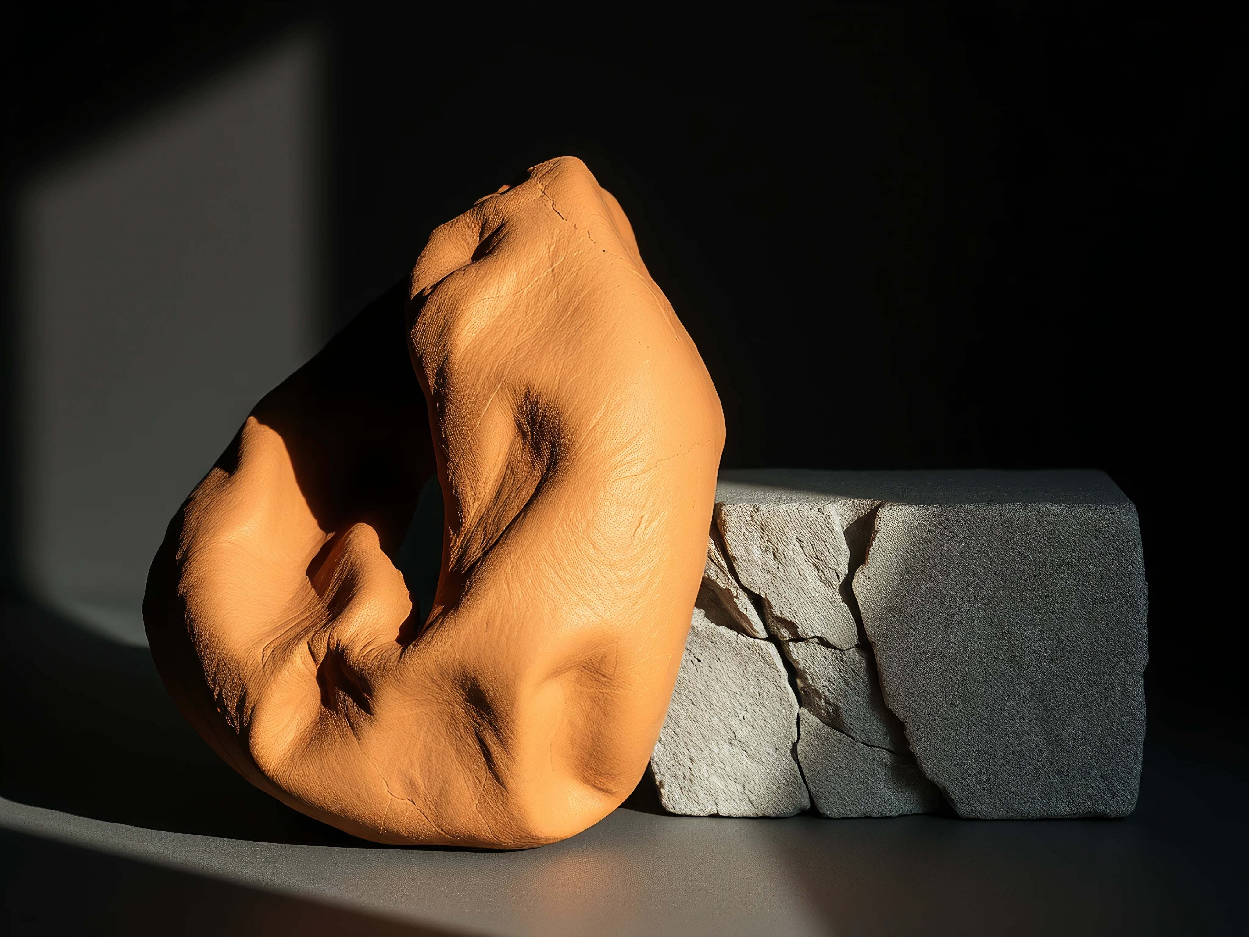 Minimal art sculpture: terracotta clay and grey concrete block, close-up.