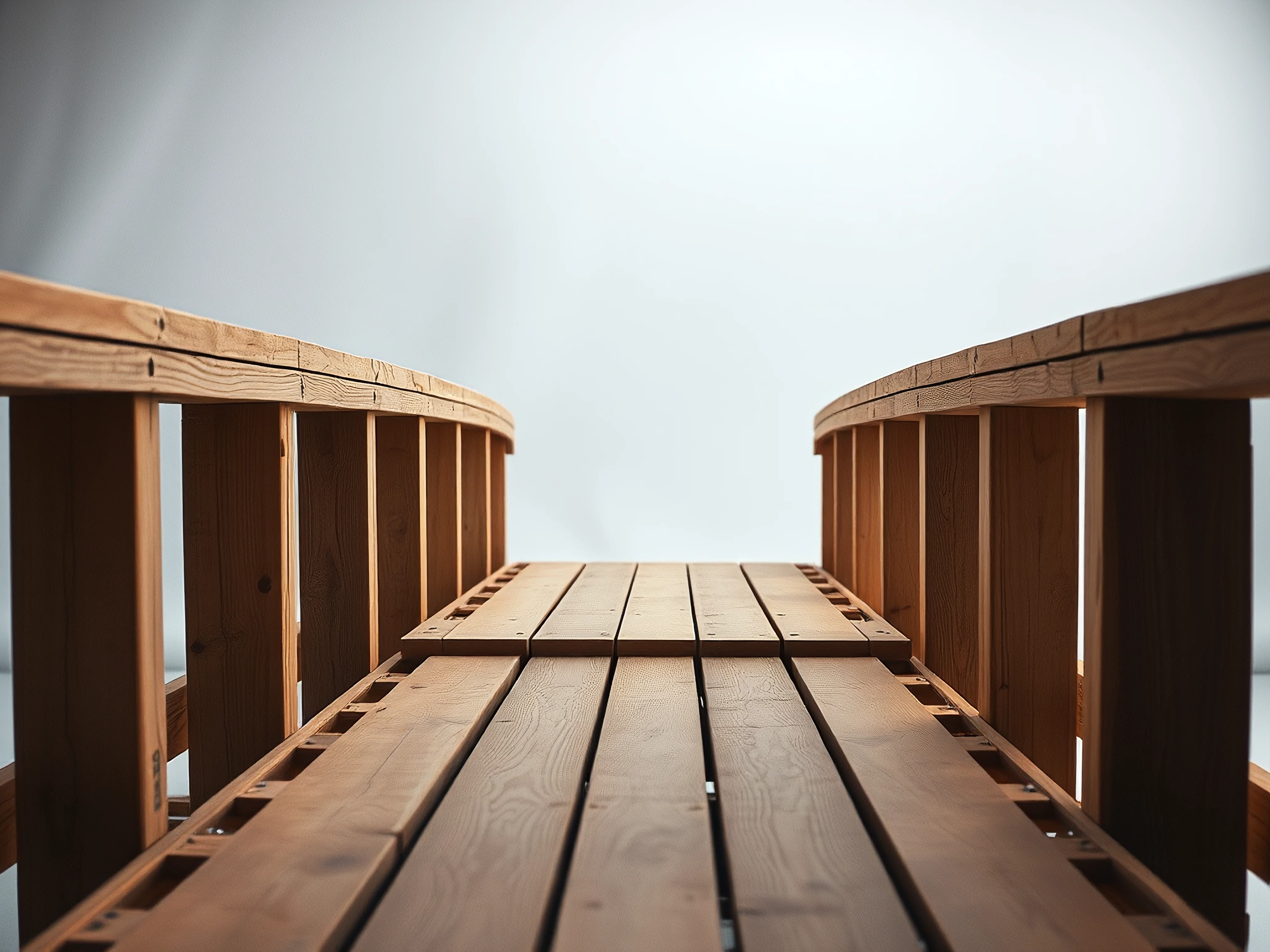 Minimal studio shot of a half-built wooden bridge with new planks, warm wood, cool steel.