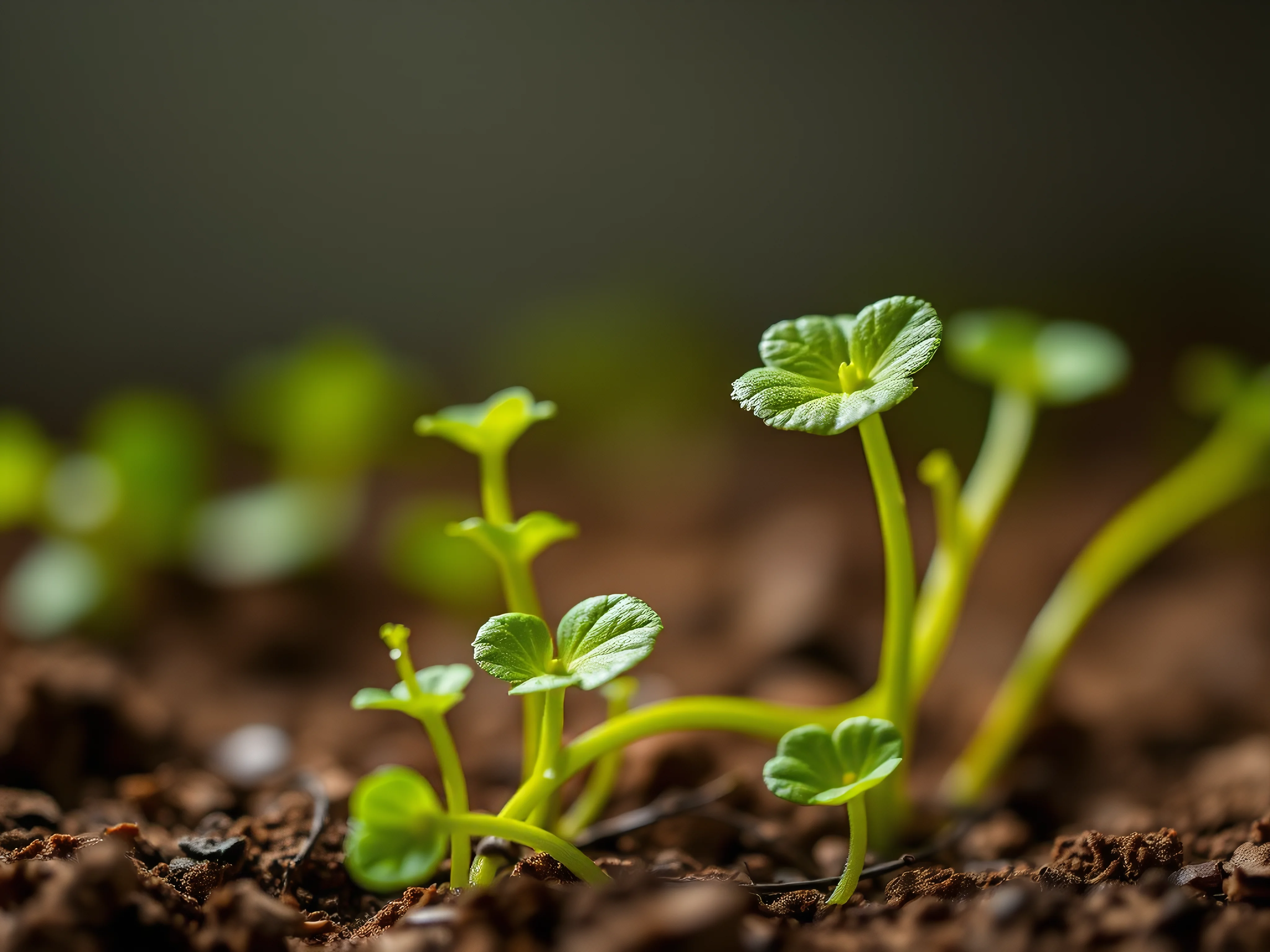 Macro close-up of a vibrant green vine with new shoots and an imperfect leaf, growing from rich soil.