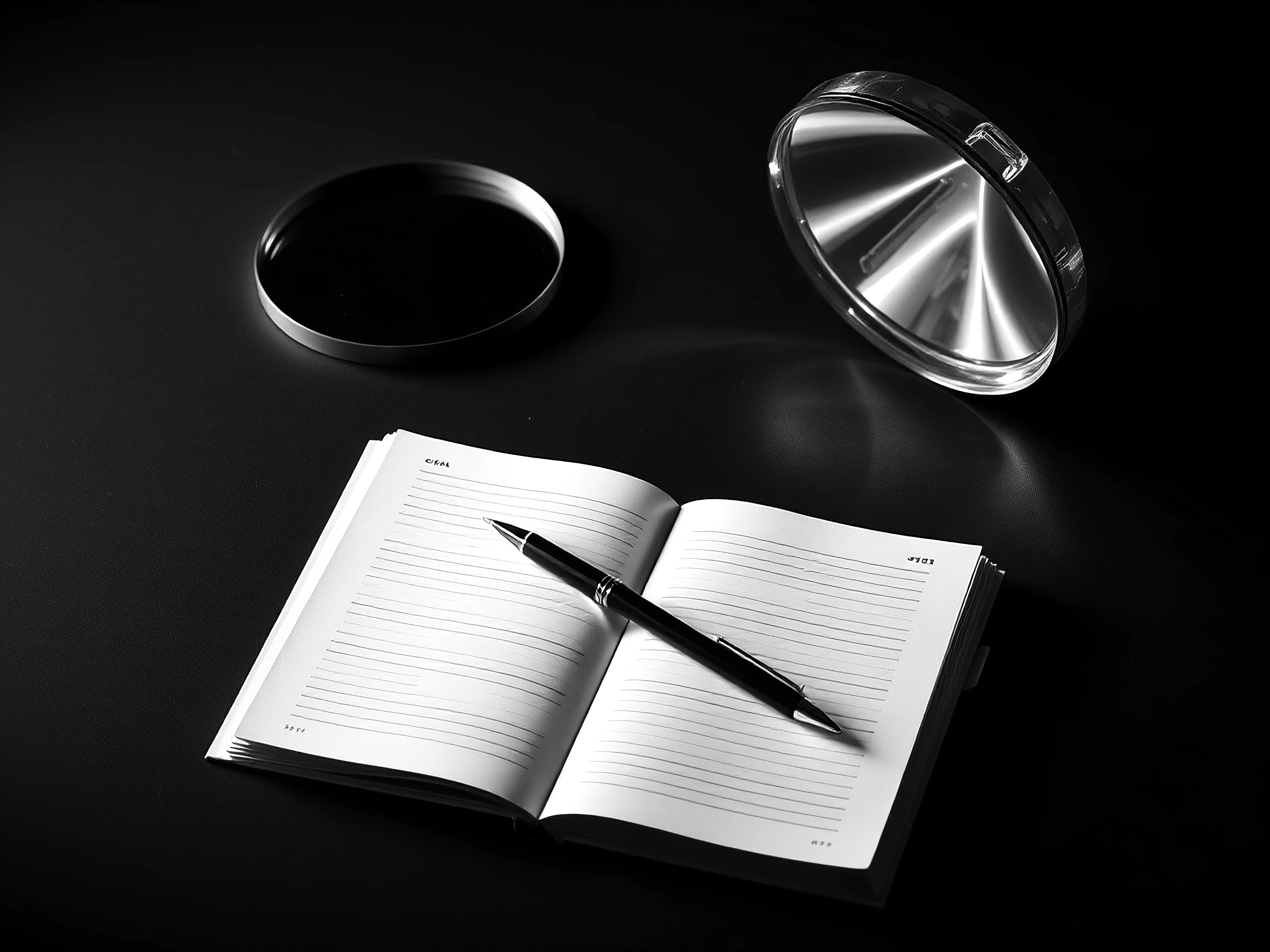Top-down view of an open journal, pen, mirror, and glass prism with dramatic contrast.