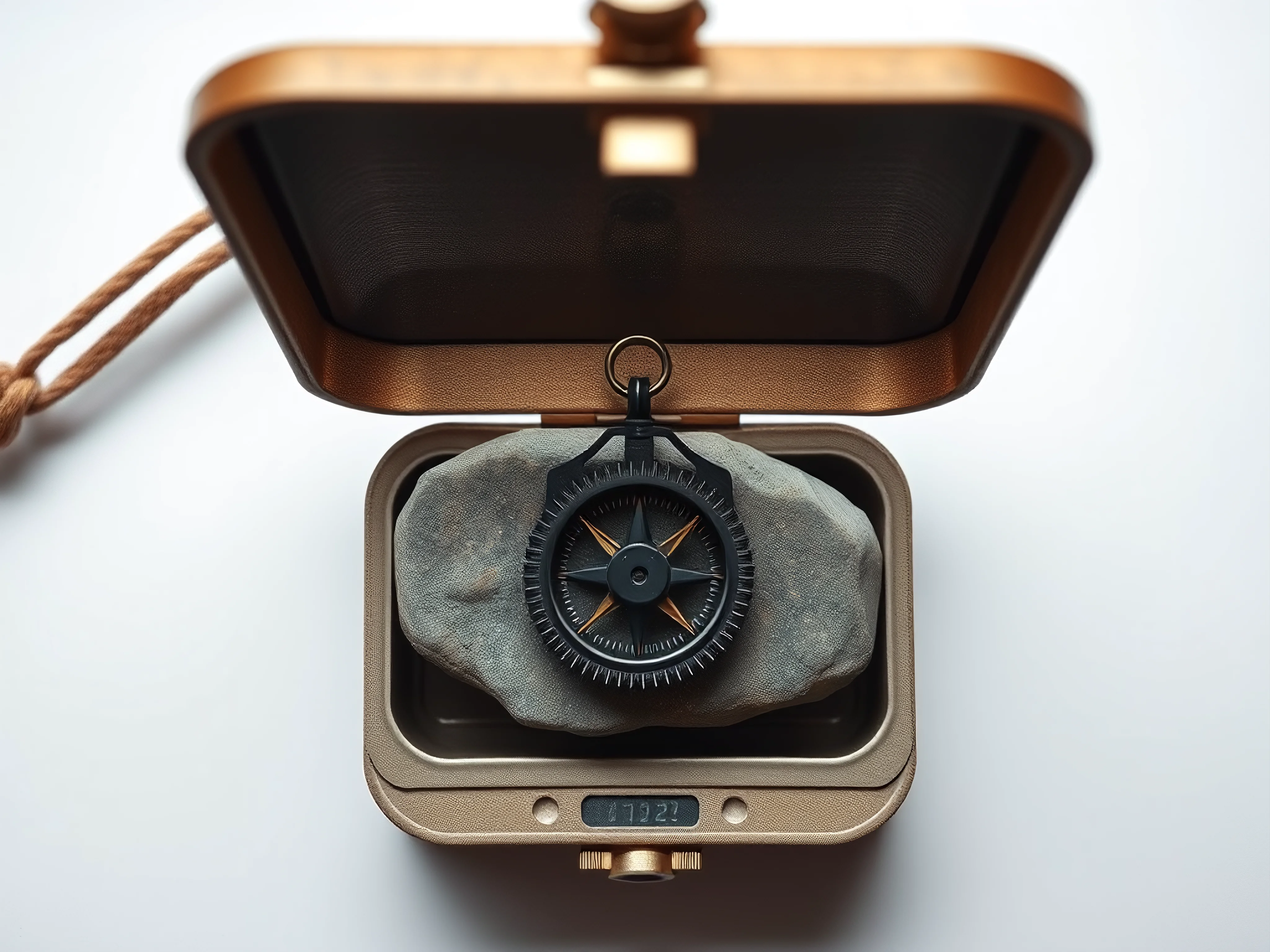 Top-down close-up: minimalist toolbox with river stone, tiny gear, worn compass, and elevated tool in muted tones.
