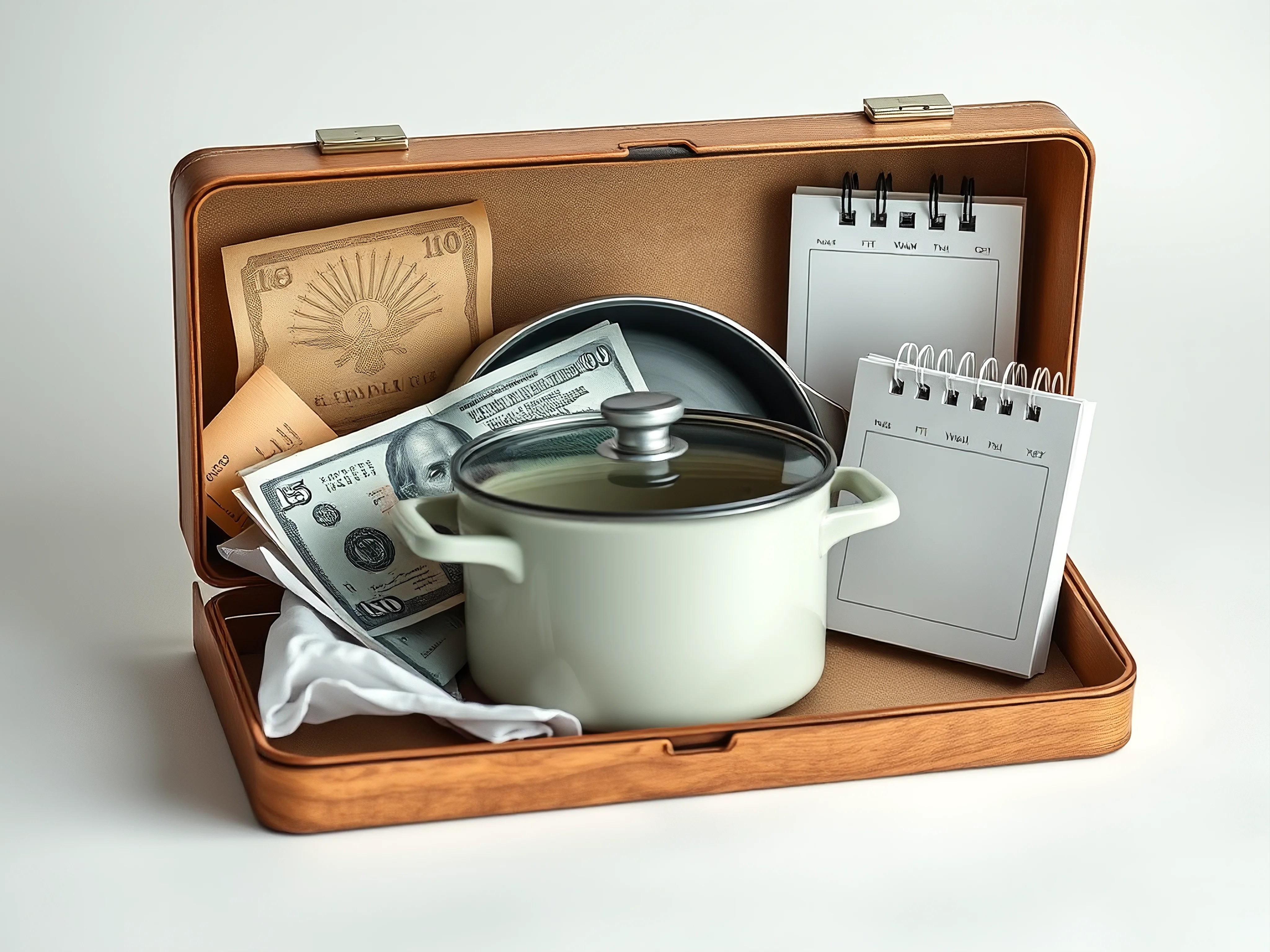 Open toolkit box with banknote, cooking pot, and desk calendar, representing adult life essentials.
