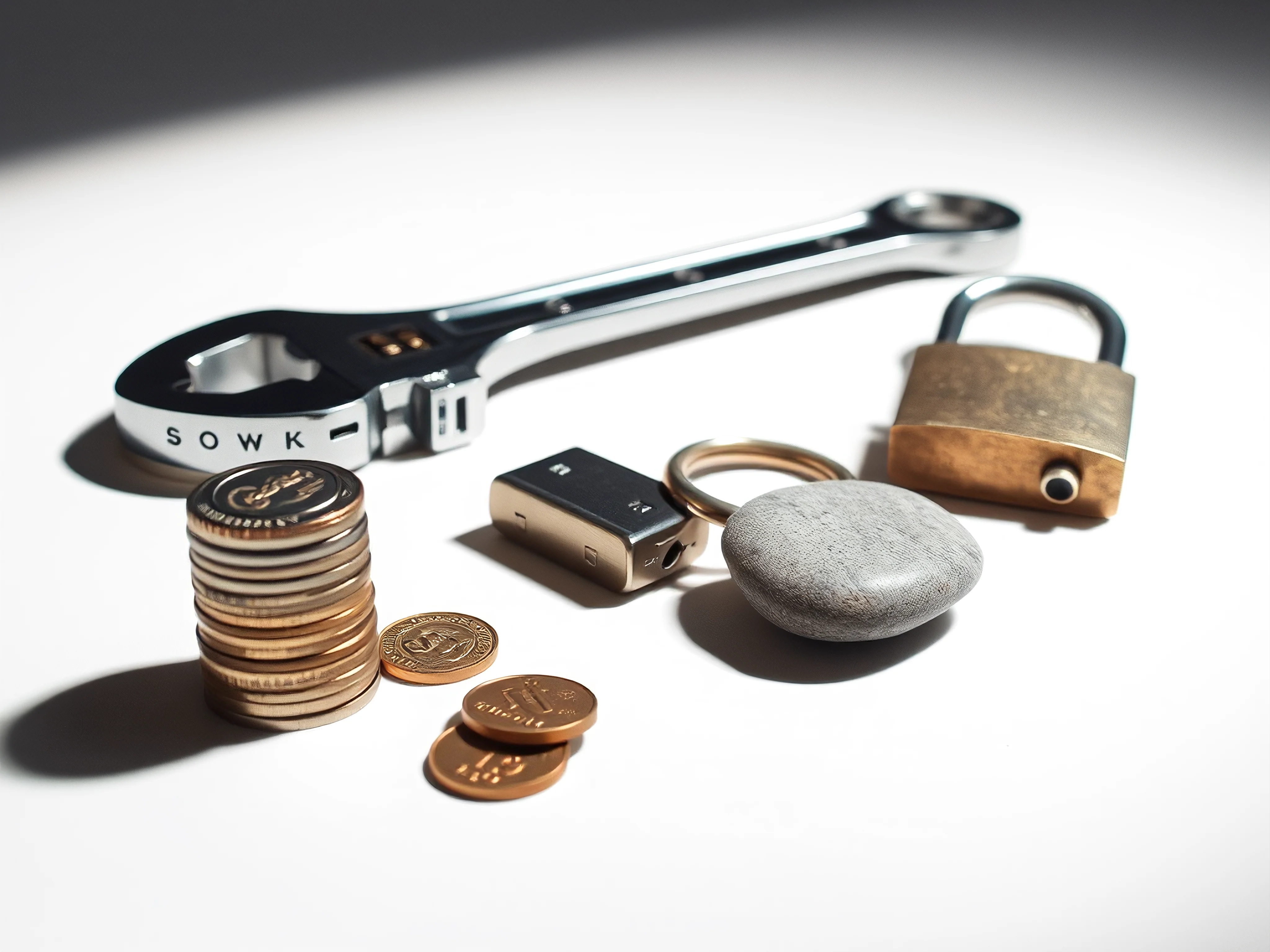 Stack of coins, wrench, vintage phone, padlock, and river stone on a white surface.