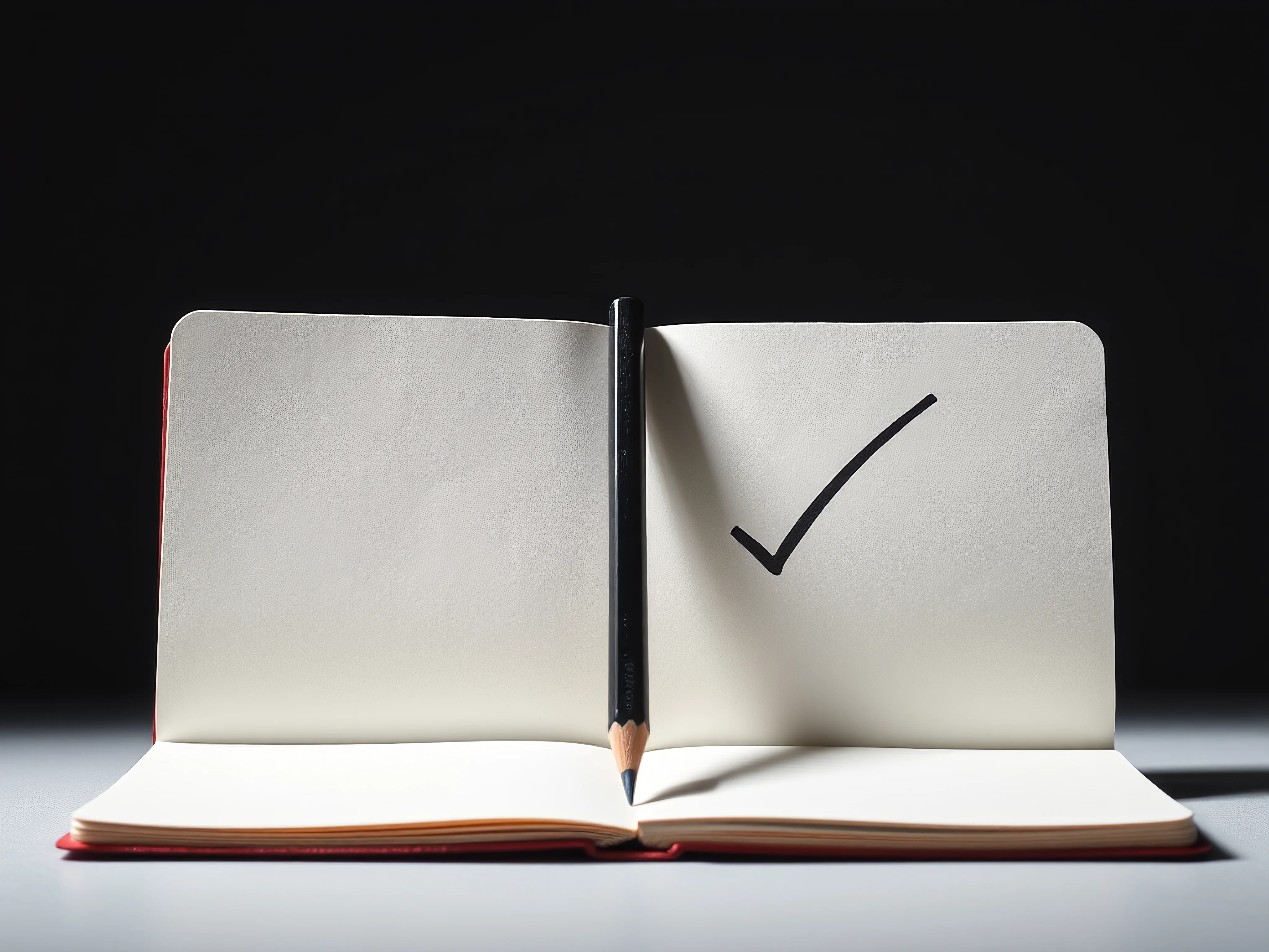 Open notebook with a pencil and a bold checkmark.