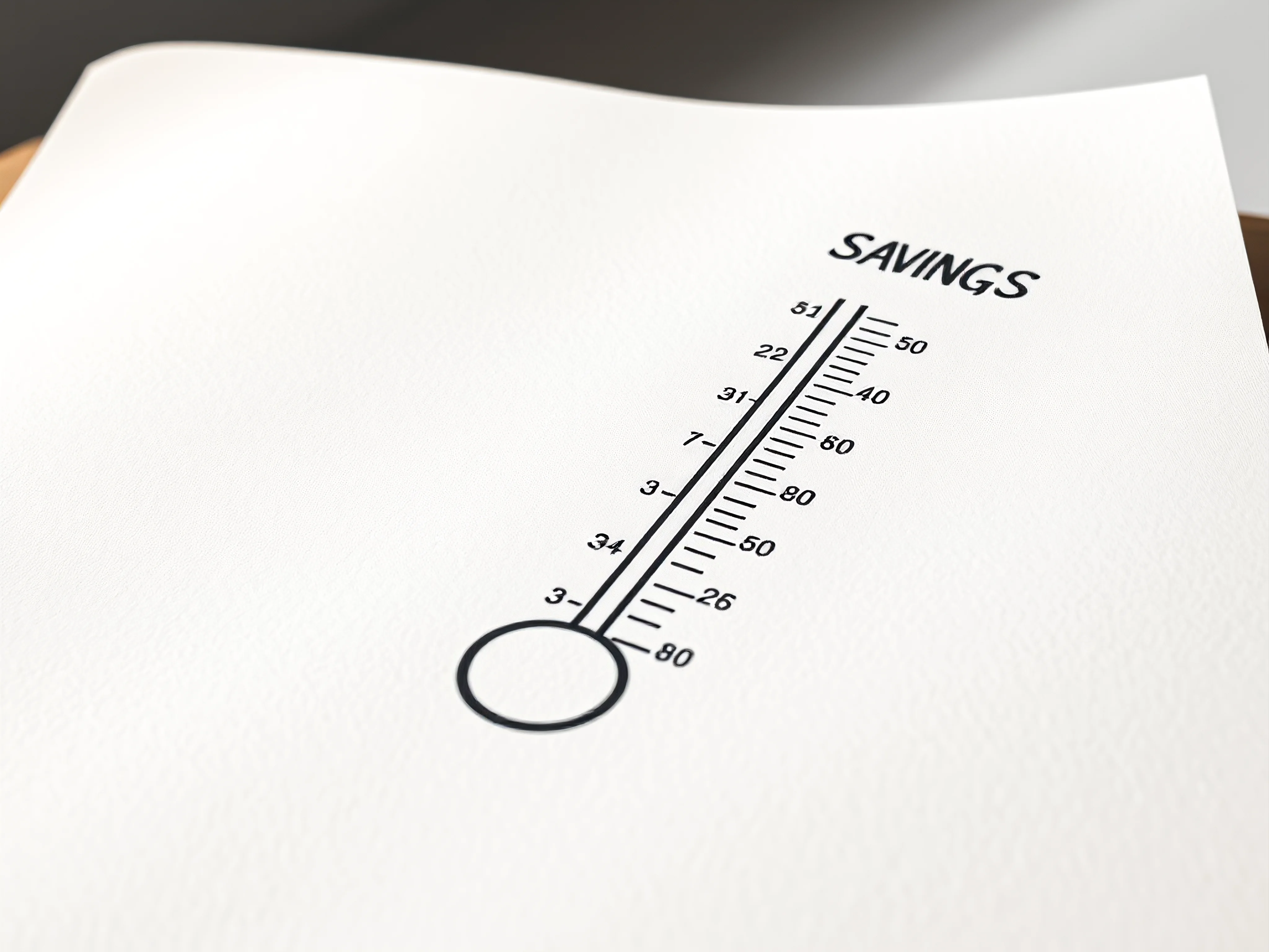 Hand-drawn savings goal thermometer chart on paper, resting on a plain book.