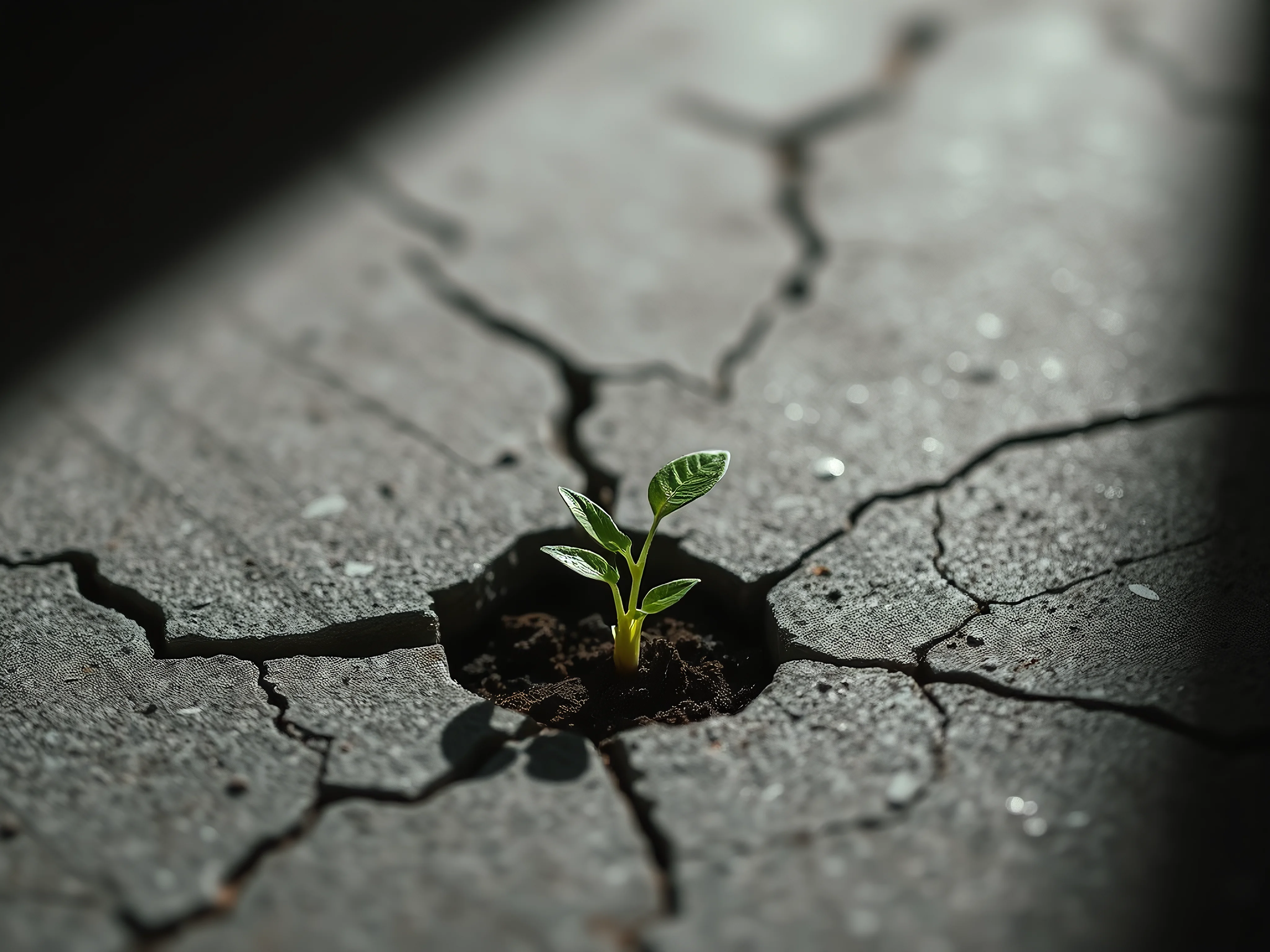Green seedling emerging from cracked concrete.
