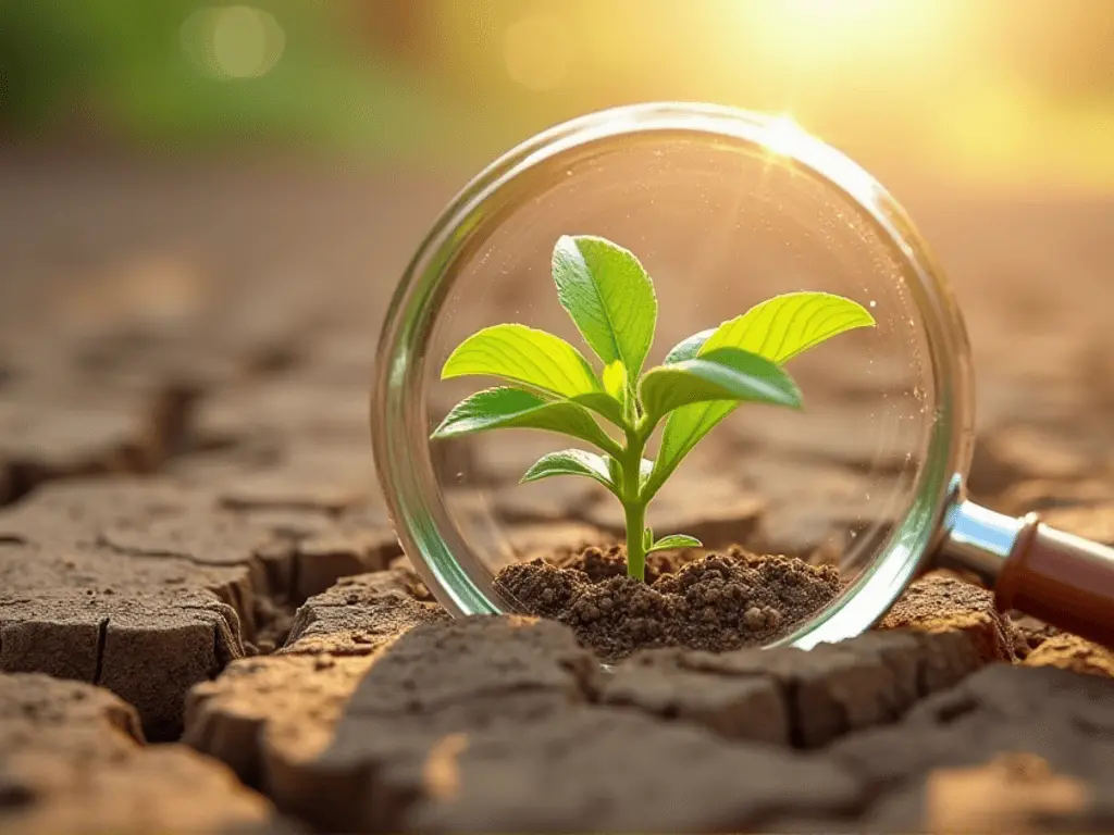 An isolated close-up of a clear magnifying glass focusing sunlight onto a small green plant sprouting through cracks in dry soil.