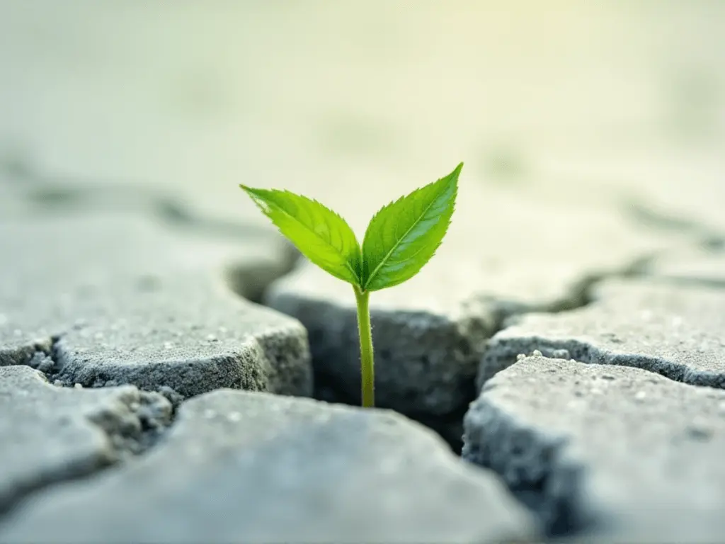 A small, determined sprout pushing through a crack in a concrete pavement, symbolizing resilience against challenges.