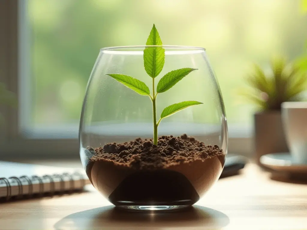 A vibrant green sapling growing inside a glass terrarium placed on a wooden desk, symbolizing nurturing environments.