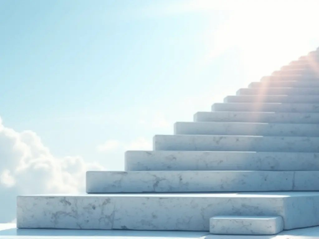 A staircase made of smooth, reflective stone steps ascending into a bright sky, symbolizing incremental growth.