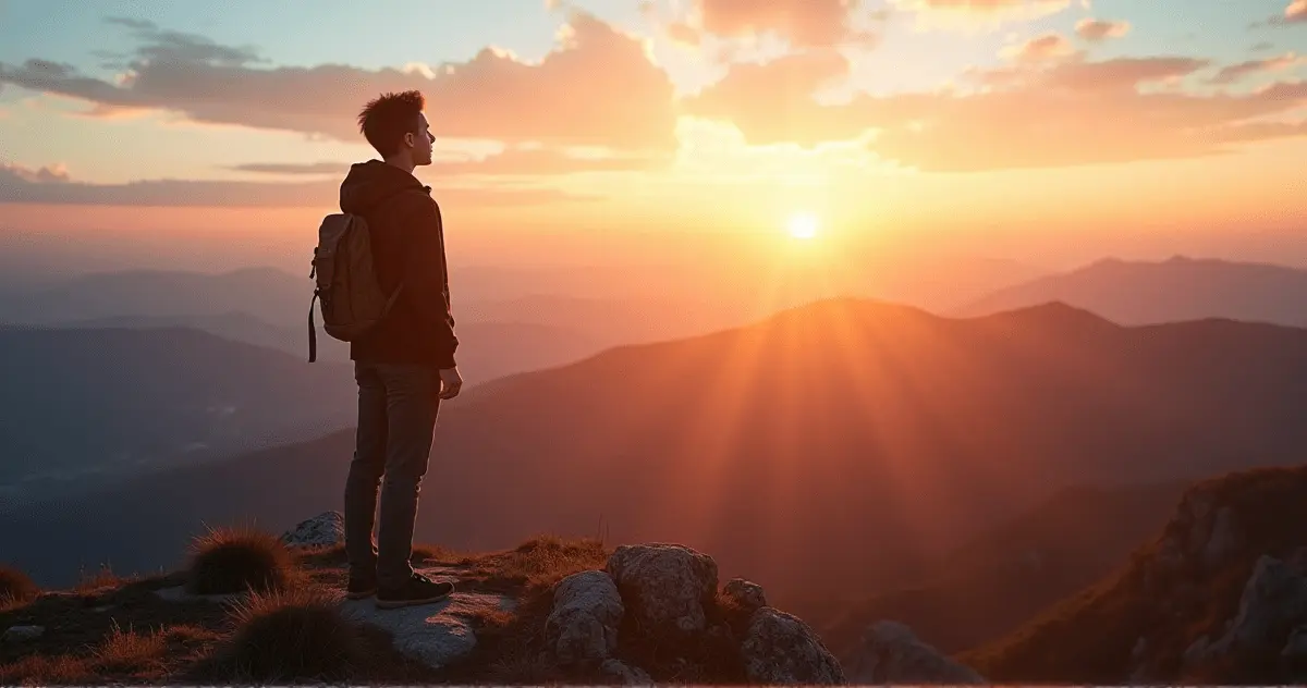 A young individual standing confidently on a mountain peak at sunrise, symbolizing personal growth and mindset transformation.