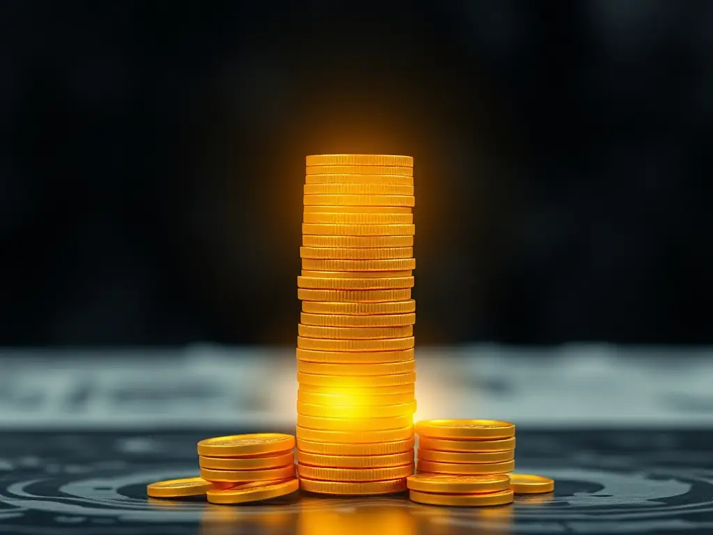 A glowing stack of coins growing taller, symbolizing the compound effect of small, consistent actions leading to big results over time