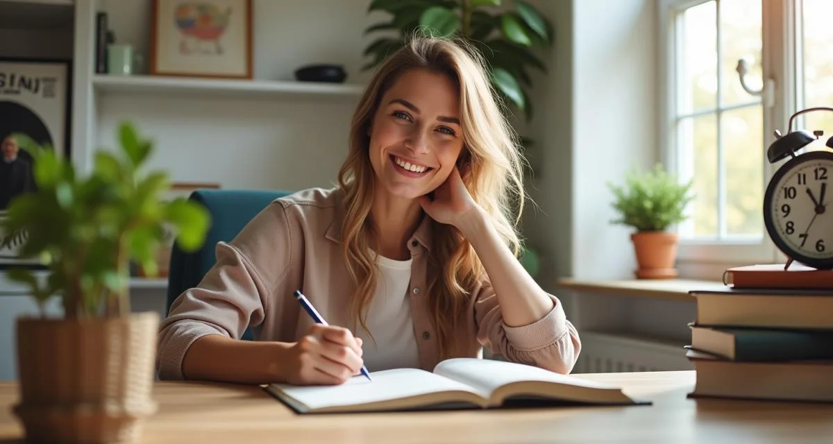 A cheerful woman writing in a journal surrounded by symbols of success like a growing plant, a clock, and a stack of books, representing consistency and personal growth