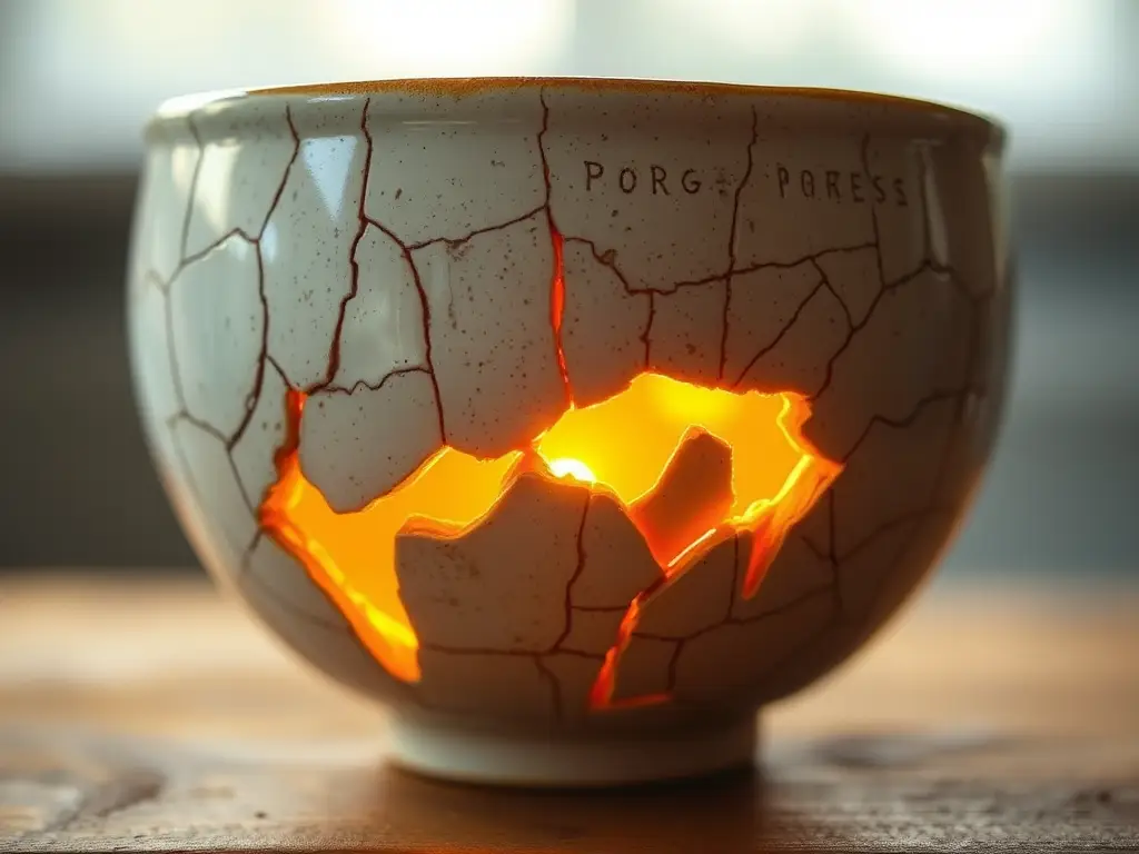 A cracked ceramic bowl with golden light shining through the cracks, symbolizing progress over perfection